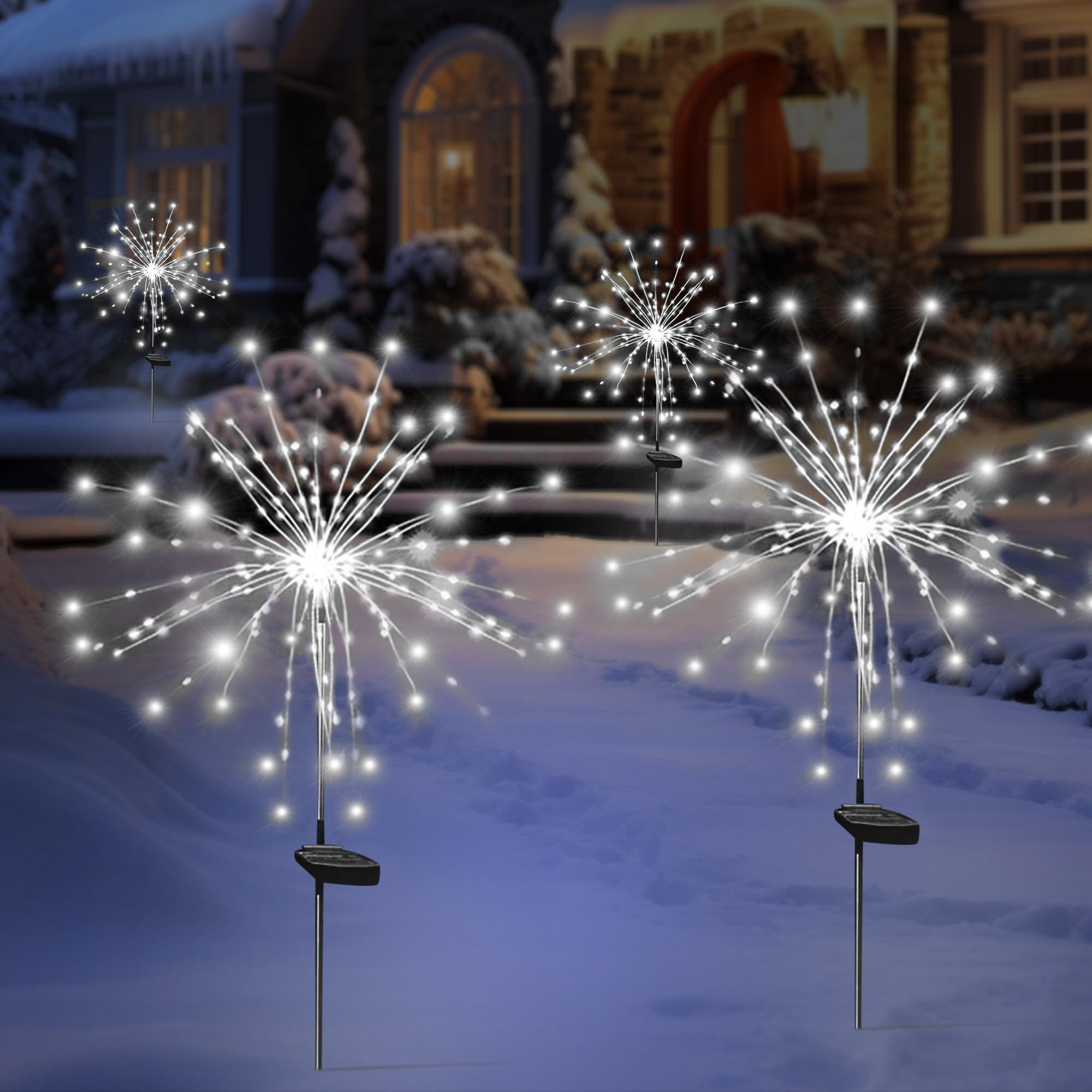 Solar Garden Firework Lights Outdoor Waterproof, 2 Pack Solar Powered Art Stake Twinkle Lighting for Outside Decor, 120 LED Sparklers String Lights for Yard Pathway Decorations(White)