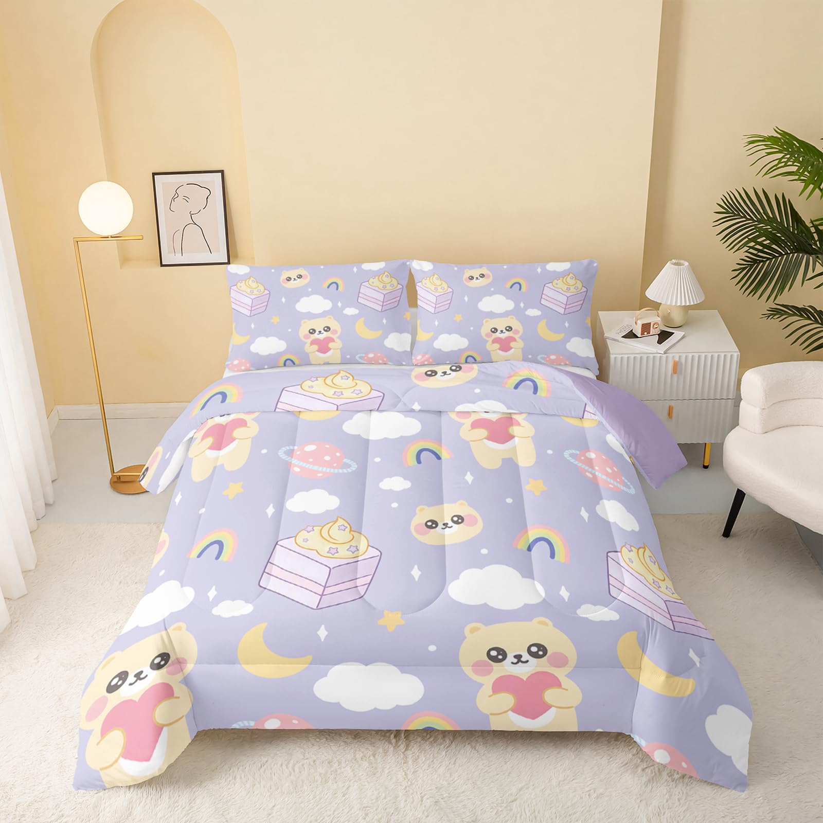 QOOMO Floral Cat Comforter Twin Size,Pink Cat Bedding Set for Kids Teens Girls,3Pcs Bedding Set Printed Comforter with 2 Pillowcases,Down Alternative,Soft and Lightweight(Pink，Twin Size)