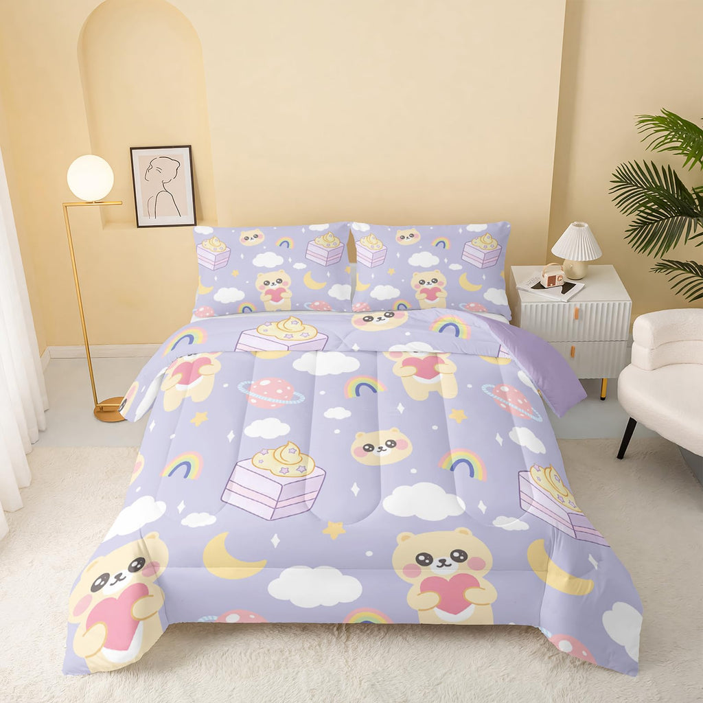 QOOMO Floral Cat Comforter Twin Size,Pink Cat Bedding Set for Kids Teens Girls,3Pcs Bedding Set Printed Comforter with 2 Pillowcases,Down Alternative,Soft and Lightweight(Pink，Twin Size)