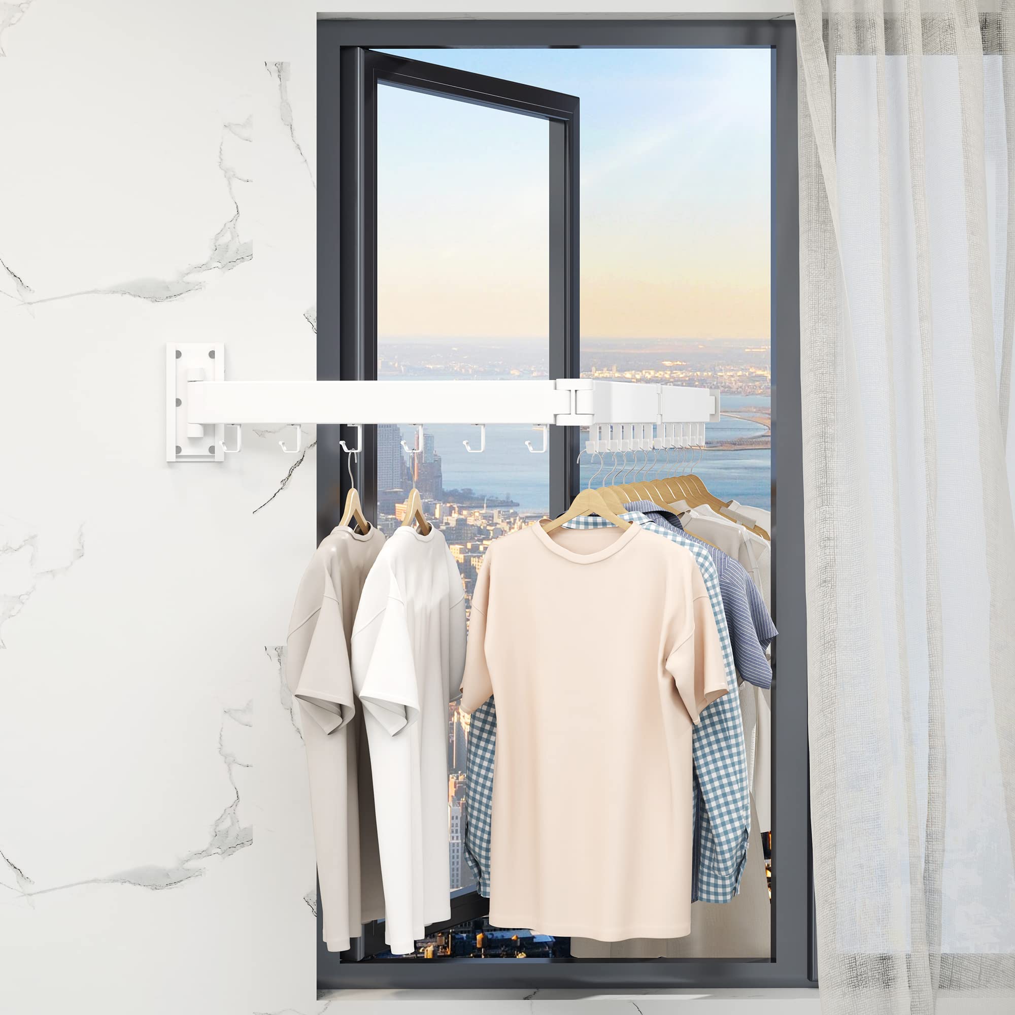 HEILAIYI Clothes Drying Rack for Laundry,Wall Mounted Clothes Hanger Rack,Folding,Retractable,Collapsible(J Shape Hooks)
