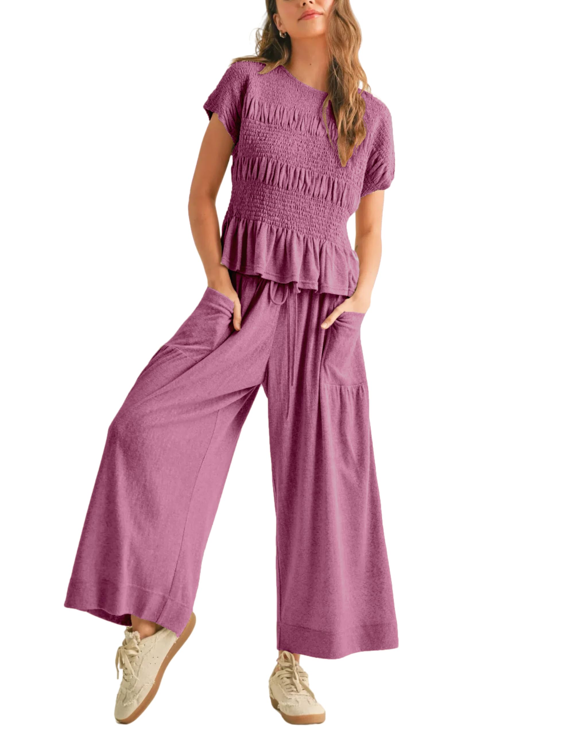 Antnation Womens 2 Piece Smocked Top Wide-Leg Pants Set High-Waisted Lounge Outfit with Pockets Casual Boho Matching Set