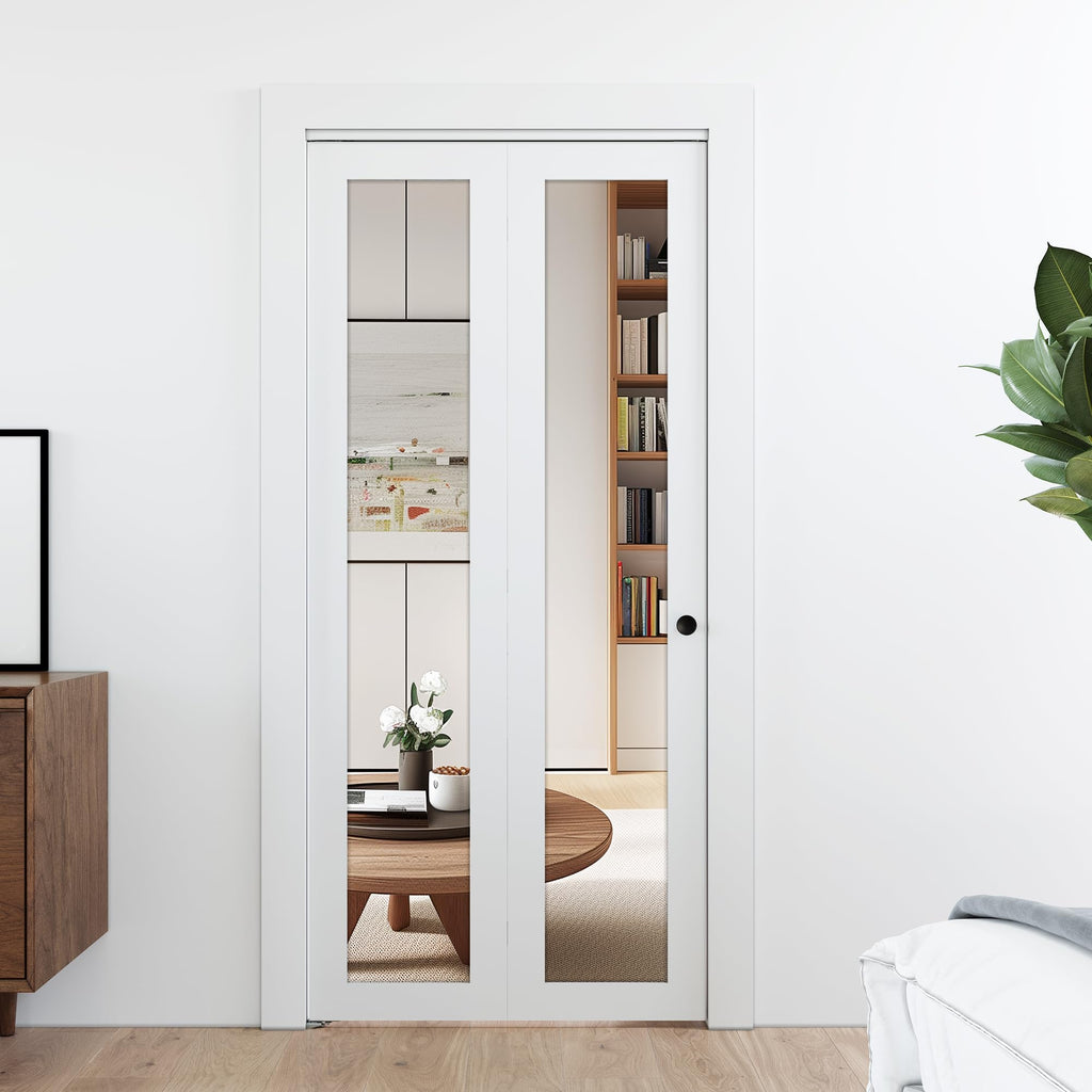 SMARTSTANDARD Bifold Doors, Mirror Closet Doors for 24''（12" x2） x 80" with Sliding Hardware Kit Set, Interior Bi Fold Door for Closet, Easy Install, MDF, White