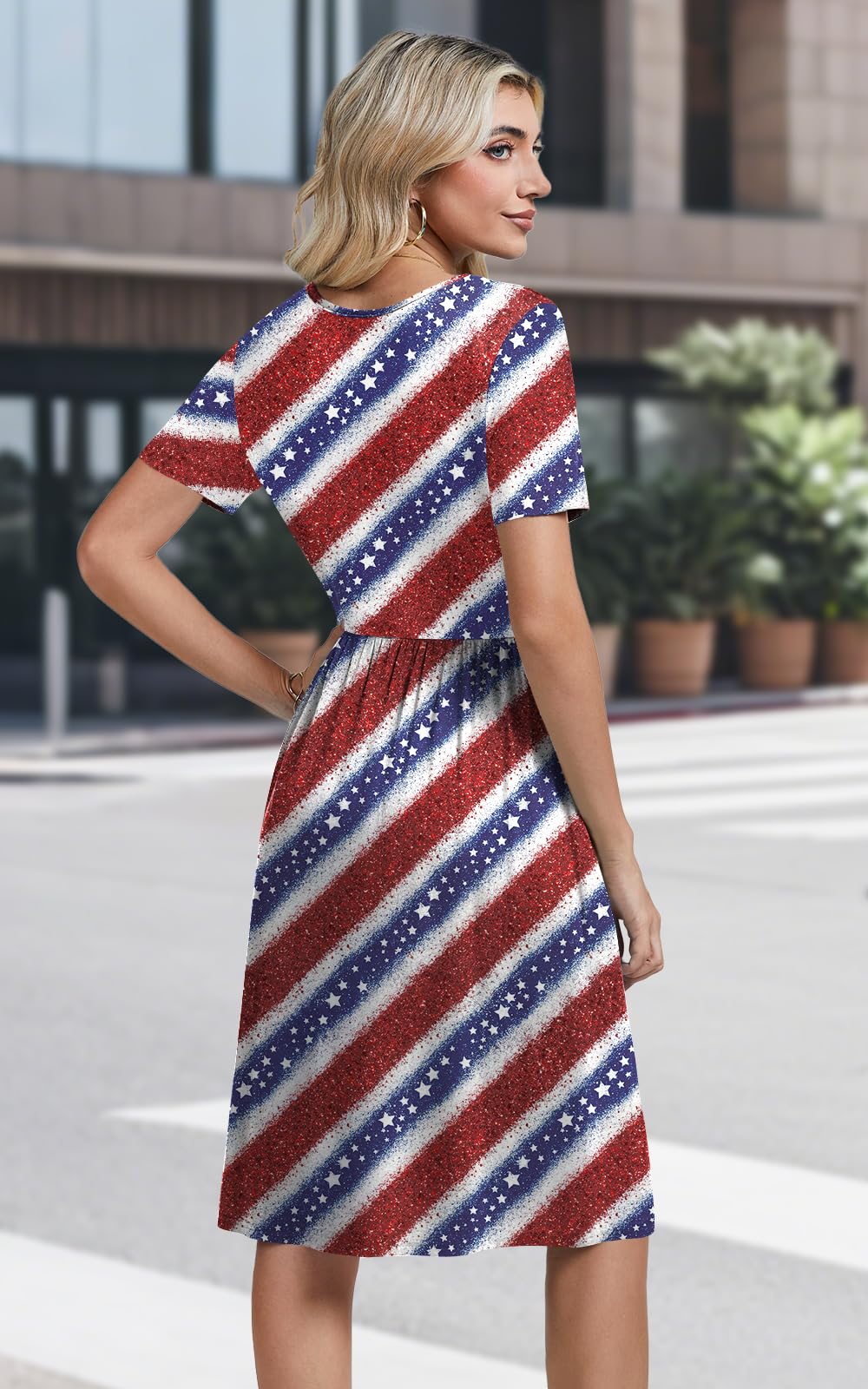 Womens Short Sleeve Empire Waist Dresses Casual Summer Dress with Pockets