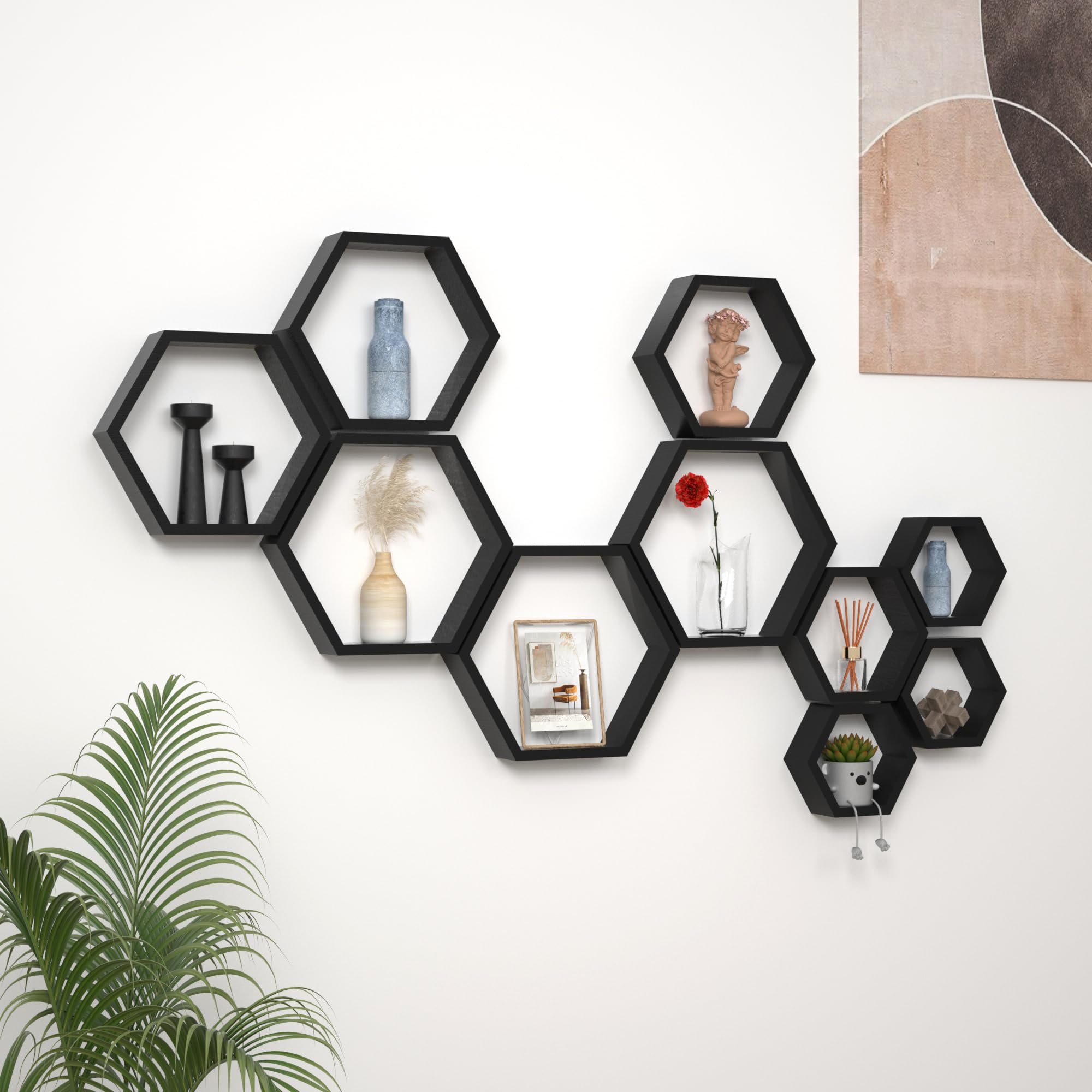 WONFUlity Hexagon Shelves for Wall Mounted, Wood Farmhouse Storage Honeycomb Floating Shelves for Wall Decor,Screws Anchors Included,5pc
