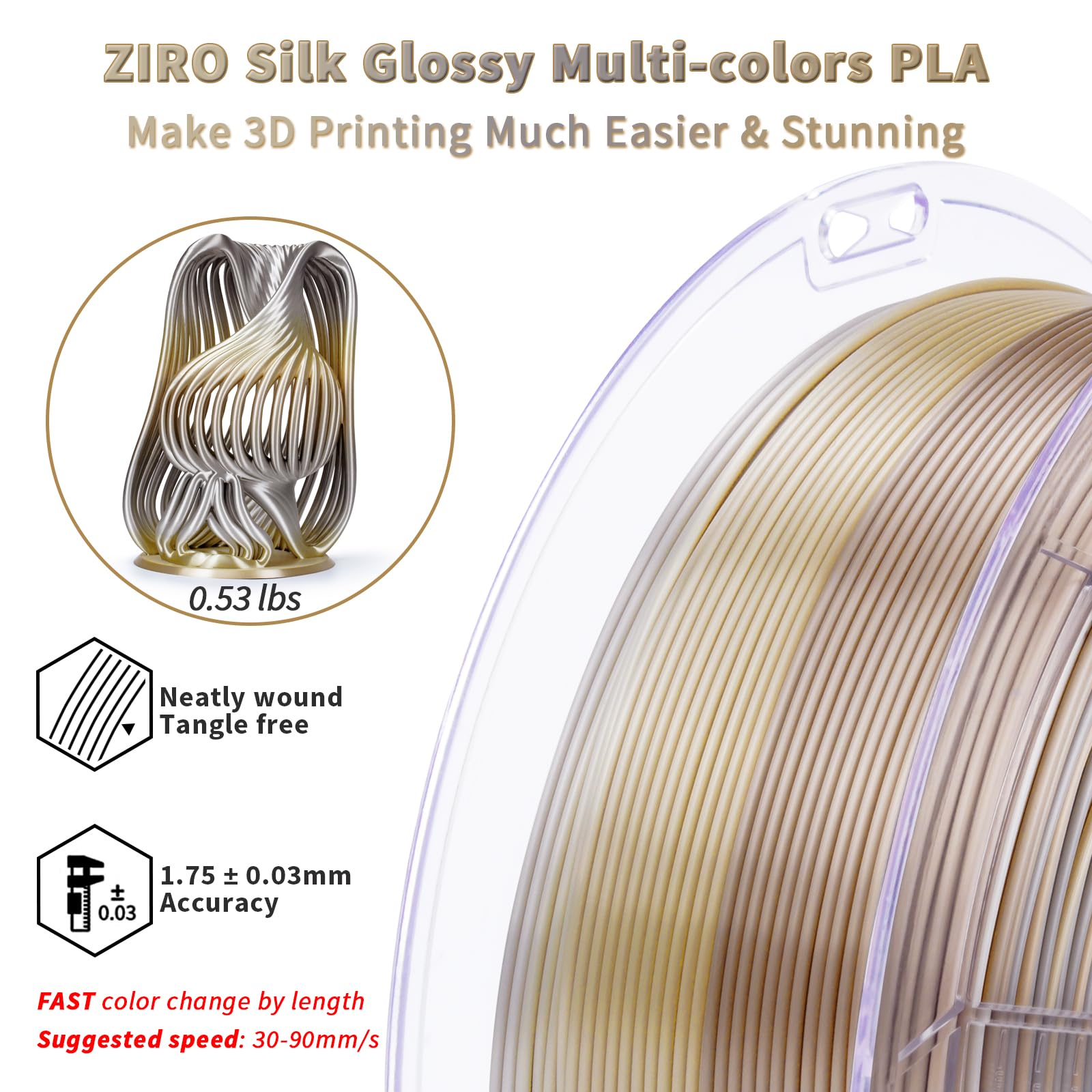 ZIRO Fast Color Change PLA, 1.75mm Color Gradient Filament, Glossy Rainbow PLA Filaments, Fit Most 3D Printer Pen, Shiny Surface 1KG/2.2lbs Spool, Aqua Sky (Silk)