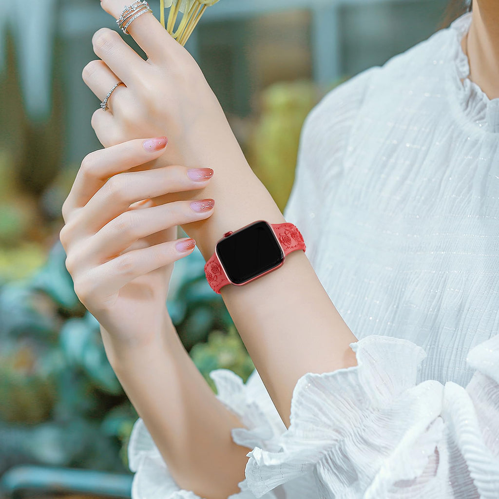Floral Engraved Band Compatible with Apple Watch Band 40mm 41mm 38mm 42mm 44mm 45mm 46mm 49mm Women, Soft Silicone Cute Embossed Flower Strap for iWatch Band Series SE Ultra 11 10 9 8 7 6 5 4 3 2 1