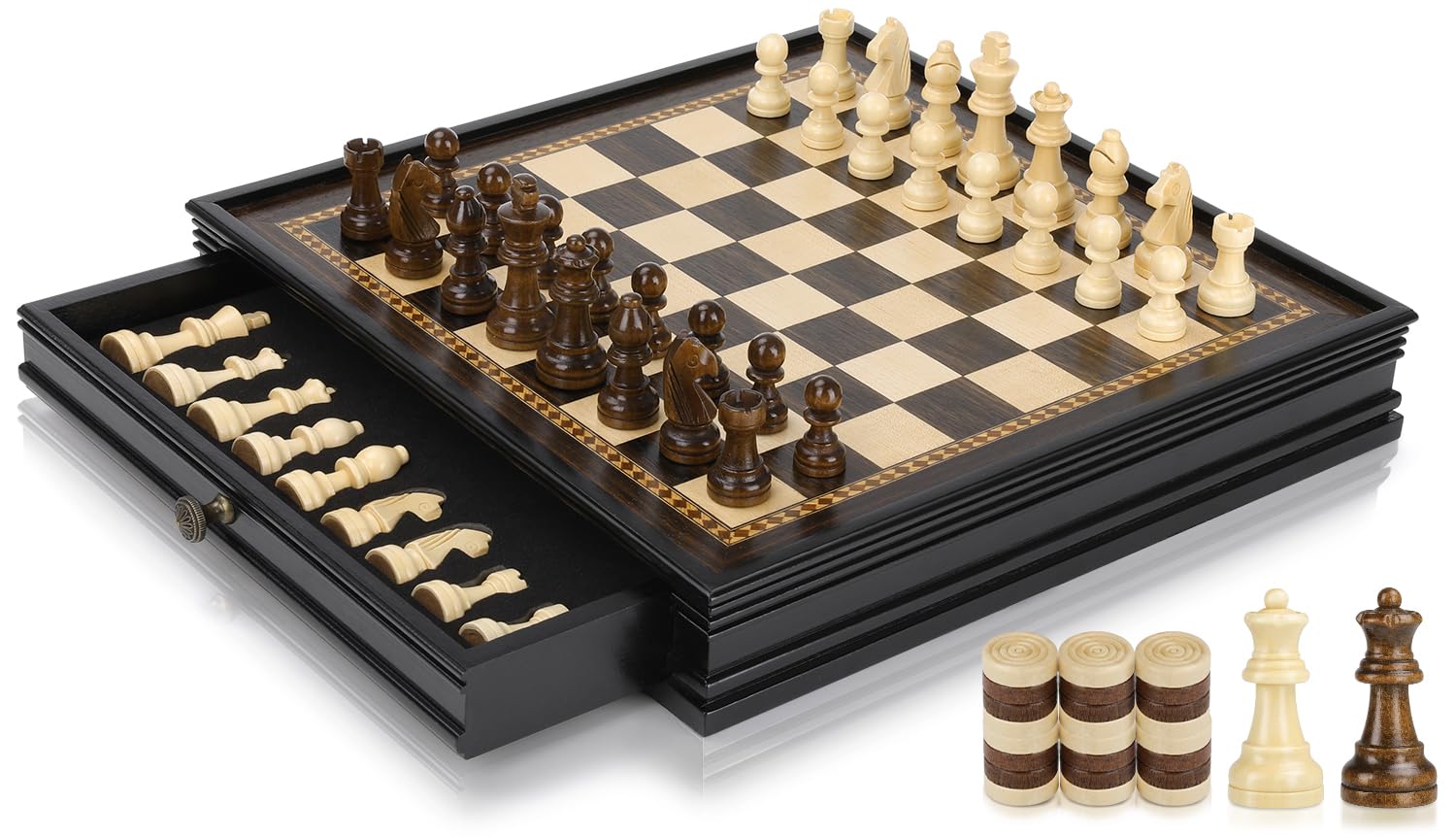 Peradix Magnetic Chess and Checkers Set with 2 Built-in Storage Drawers, Classic 2 in 1 Wooden Board Games, Magnetic Chess Pieces 2 Extra Queens, 12.8" Chess Set for Adults and Kids Gift Package