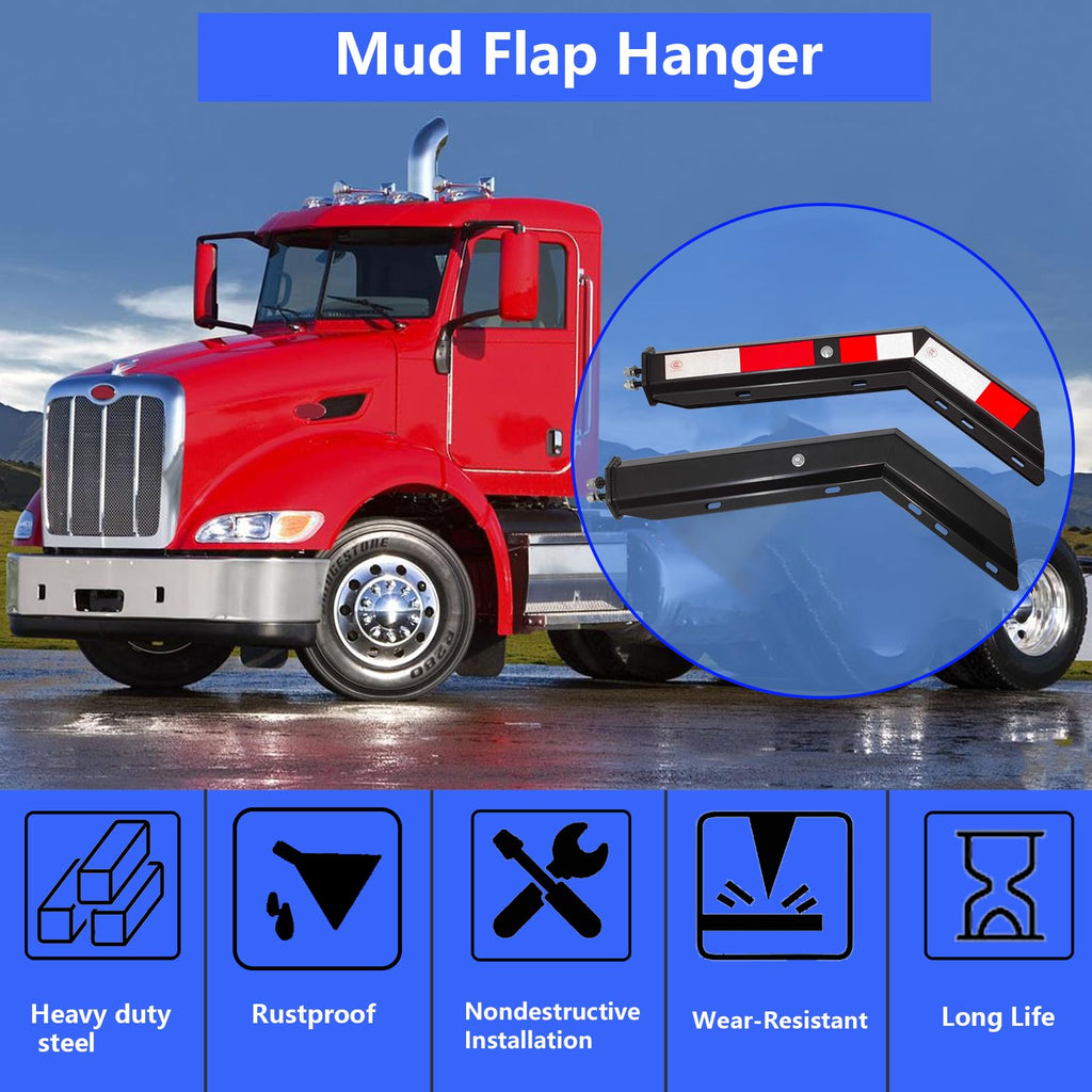 Black Angled Spring Loaded Mud Flap Hanger Bracket Mudflap Holder Set 1-1/8" Bolt Spacing 30" Length with Reflective Tapes fit for Semi Trucks, 2 Pack