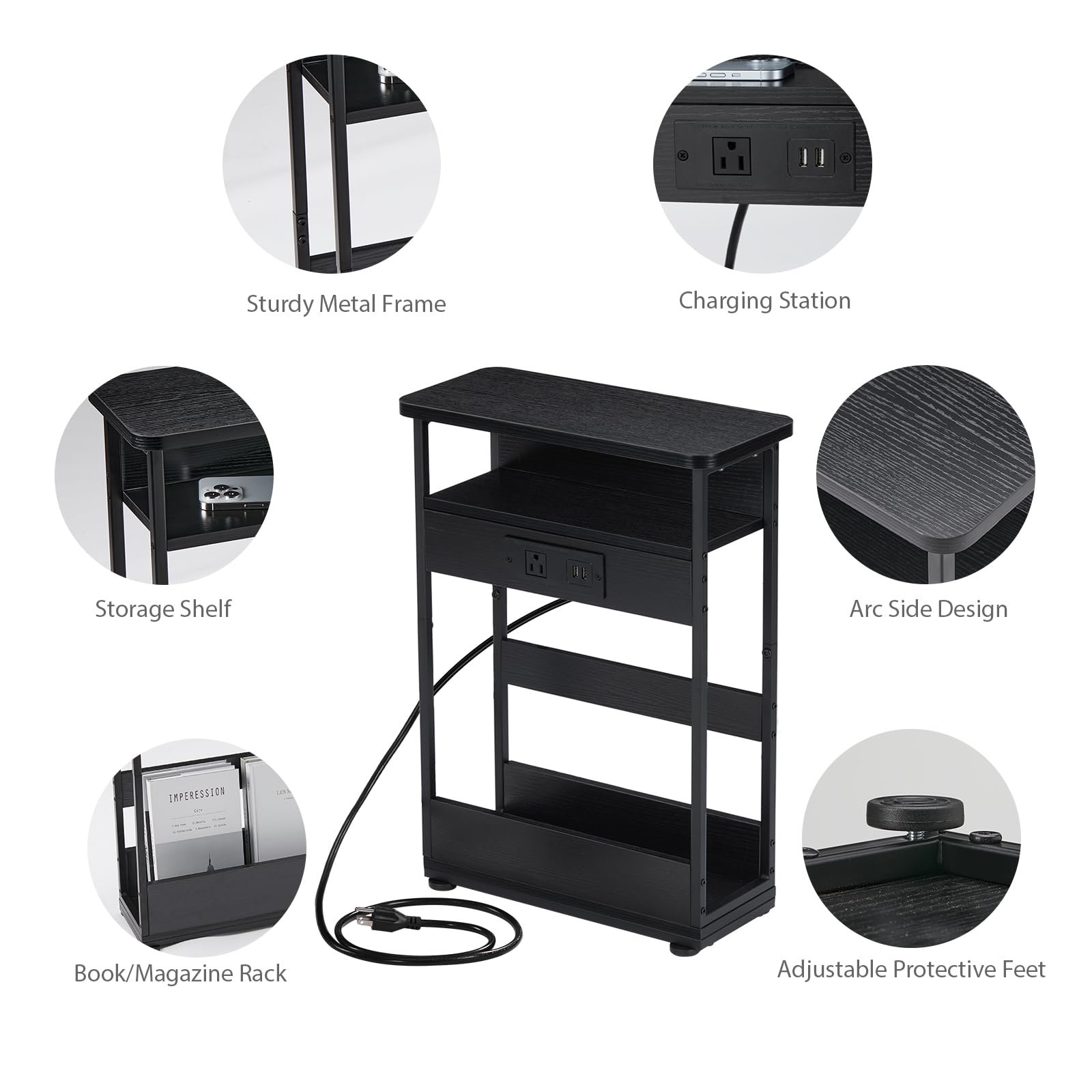 YEAKOO Narrow Side Table with Charging Station, 3-Tier End Table with 2 USB Ports & Power Outlets,Thin Sofa Side Table for Narrow and Small Spaces, Bedside Table Nightstand for Living Room,Black