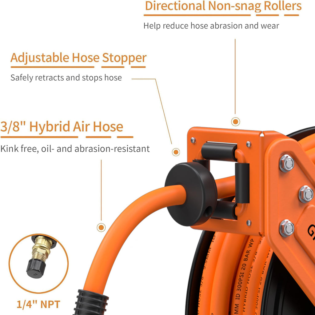 Giraffe Tools Retractable Air Hose Reel, 3/8" Hybrid Hose, Air Compressor Heavy Duty Steel Reel Auto Rewind 300PSI, Wall Mount, 25ft
