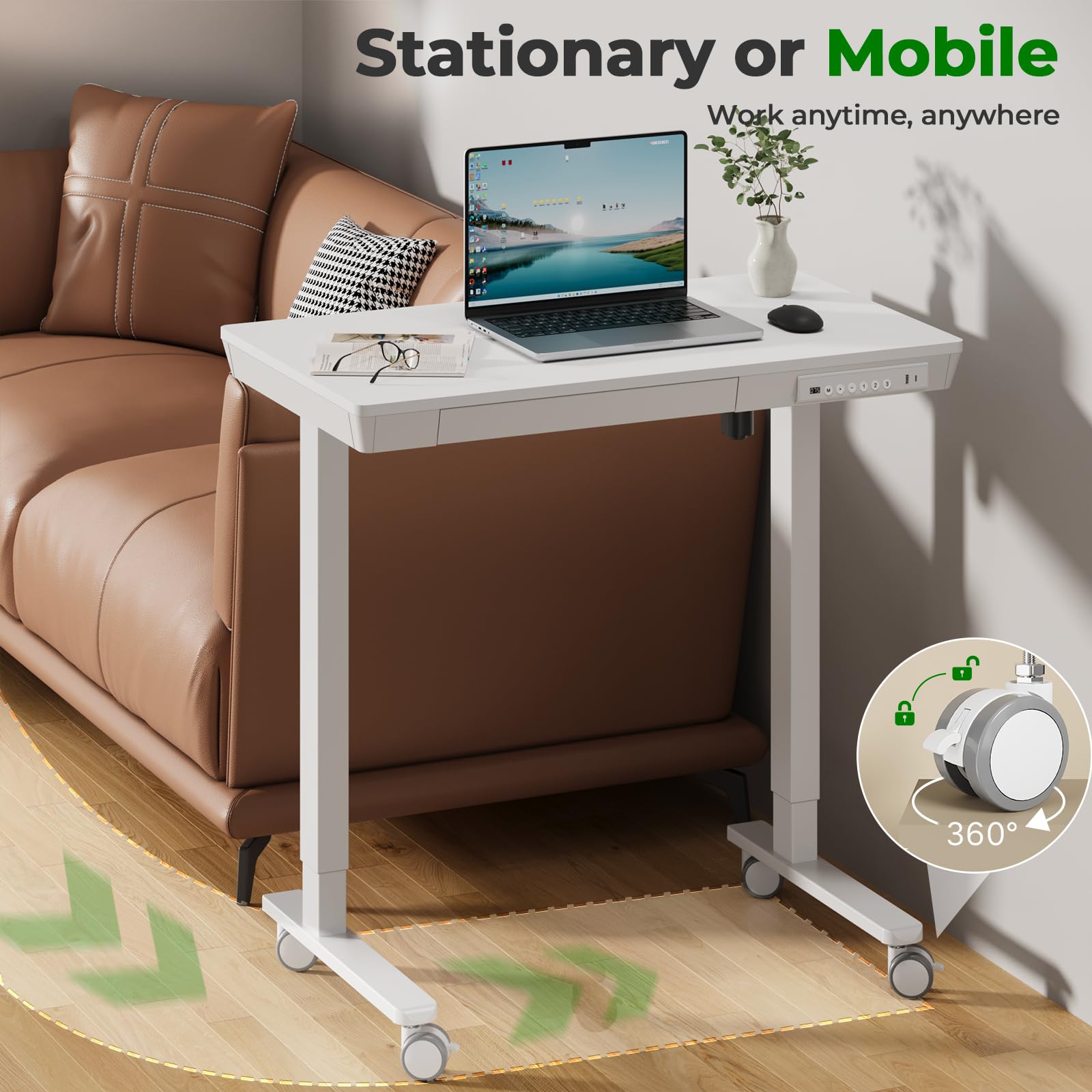 Glass Electric Standing Desk with Drawer, 35" x 20" Whole Piece Tabletop Samll Sit Stand Table, Height Adjustable Workstation with Storage & USB Ports, Quick Install Home Office Desk