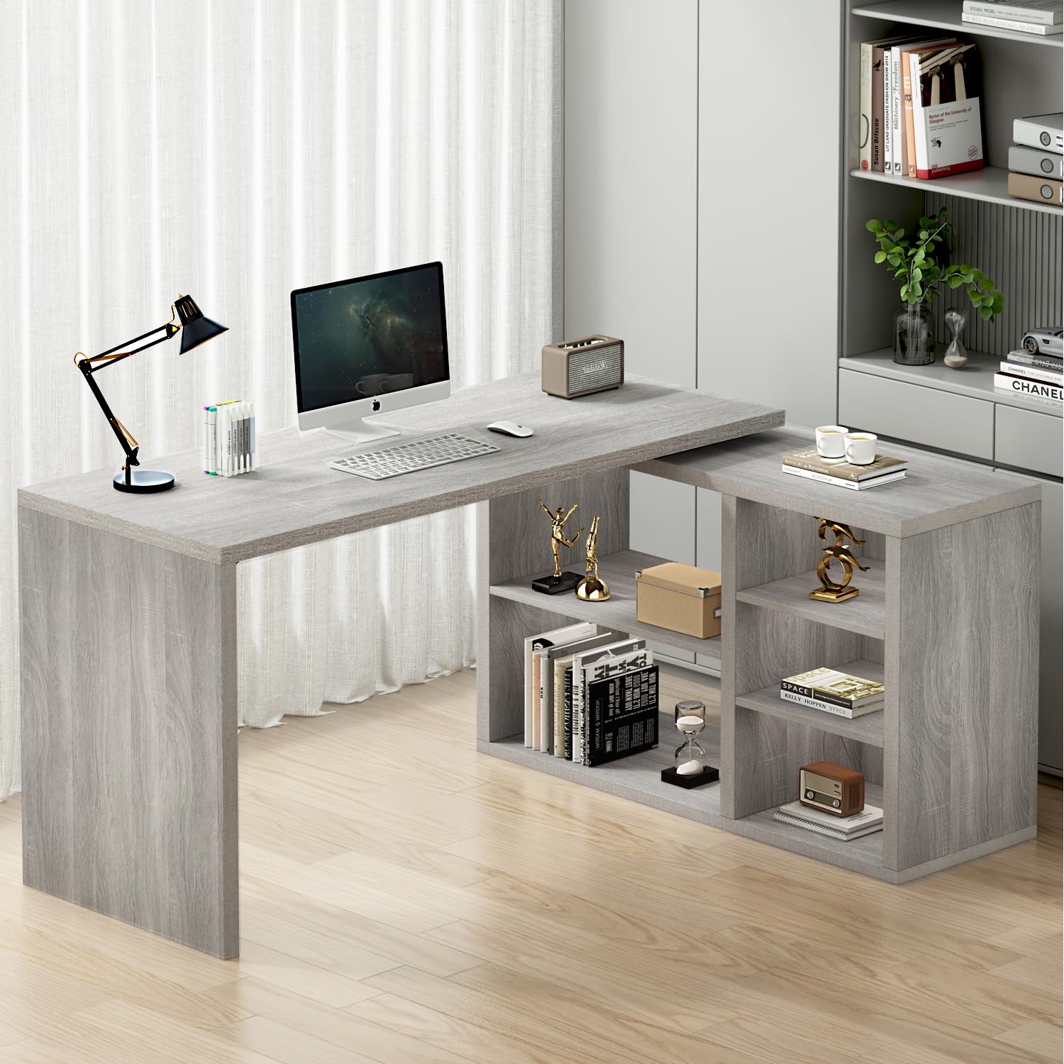 HSH Black L Shaped Computer Desk, Corner Desk with Storage Cabinet Shelves, Reversible Industrial Wood Executive Workstation, L-Shaped Home Office Table for Work Study Writing Gaming, 55 Inch