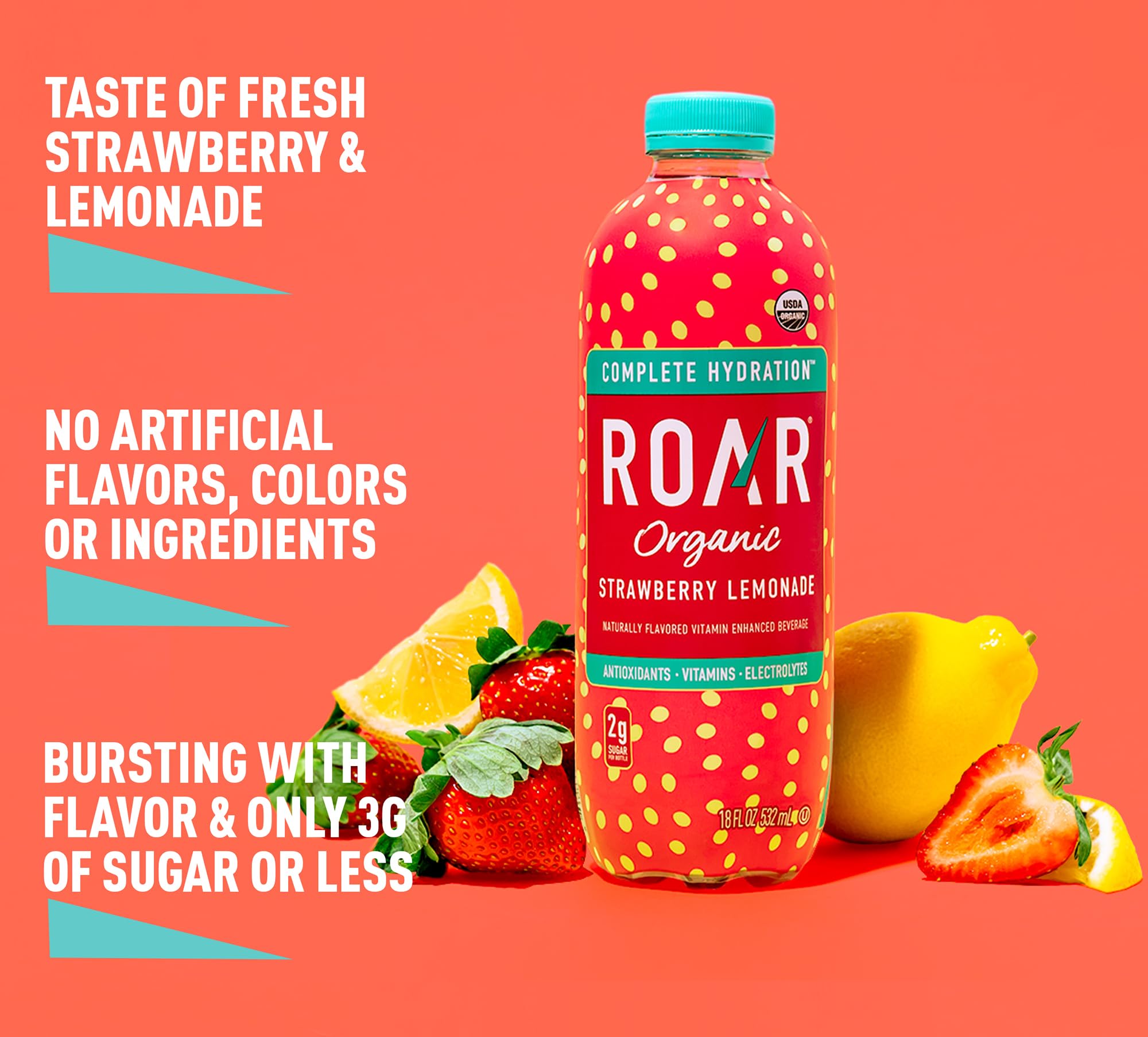 ROAR Complete Hydration Organic - Electrolyte Drinks Loaded with Vitamins C, B5, B12 - Non-GMO, Gluten-Free - Strawberry Lemonade - 12 pc