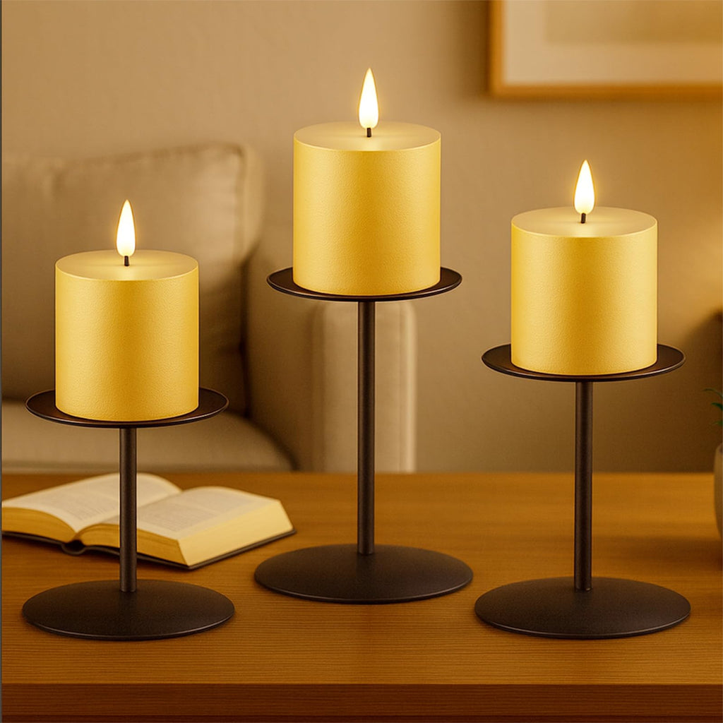 smtyle Modern Black Candle Stand Candelabras, Set of 3 Metal Candleholder Sets for Pillar Candles, Minimalist Farmhouse Decor for Fireplace Mantel & Dining Table Centerpiece