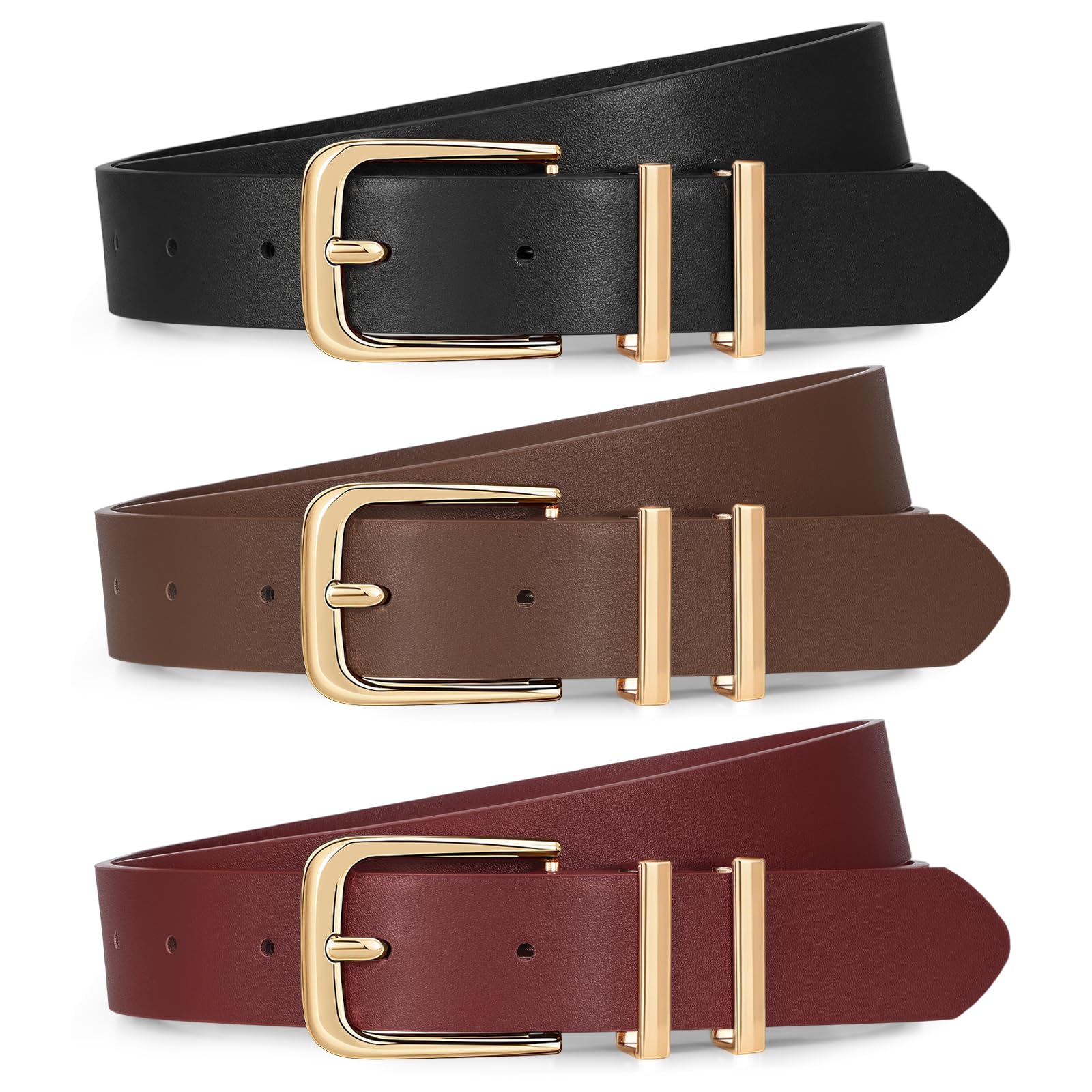 XZQTIVE 3 Pack Women Belts For Jeans Dresses Pants Ladies Leather Waist Belt with Gold Buckle