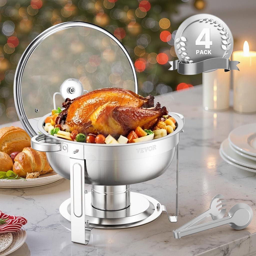 VEVOR Chafing Dish Buffet Set, 5 Qt 4 Pack, Stainless Steel Chafer with 4 Full Size Pan, Round Catering Warmer Server with Glass Lid Water Pan Folding Stand Fuel Holder, for Wedding Banquet, Gold
