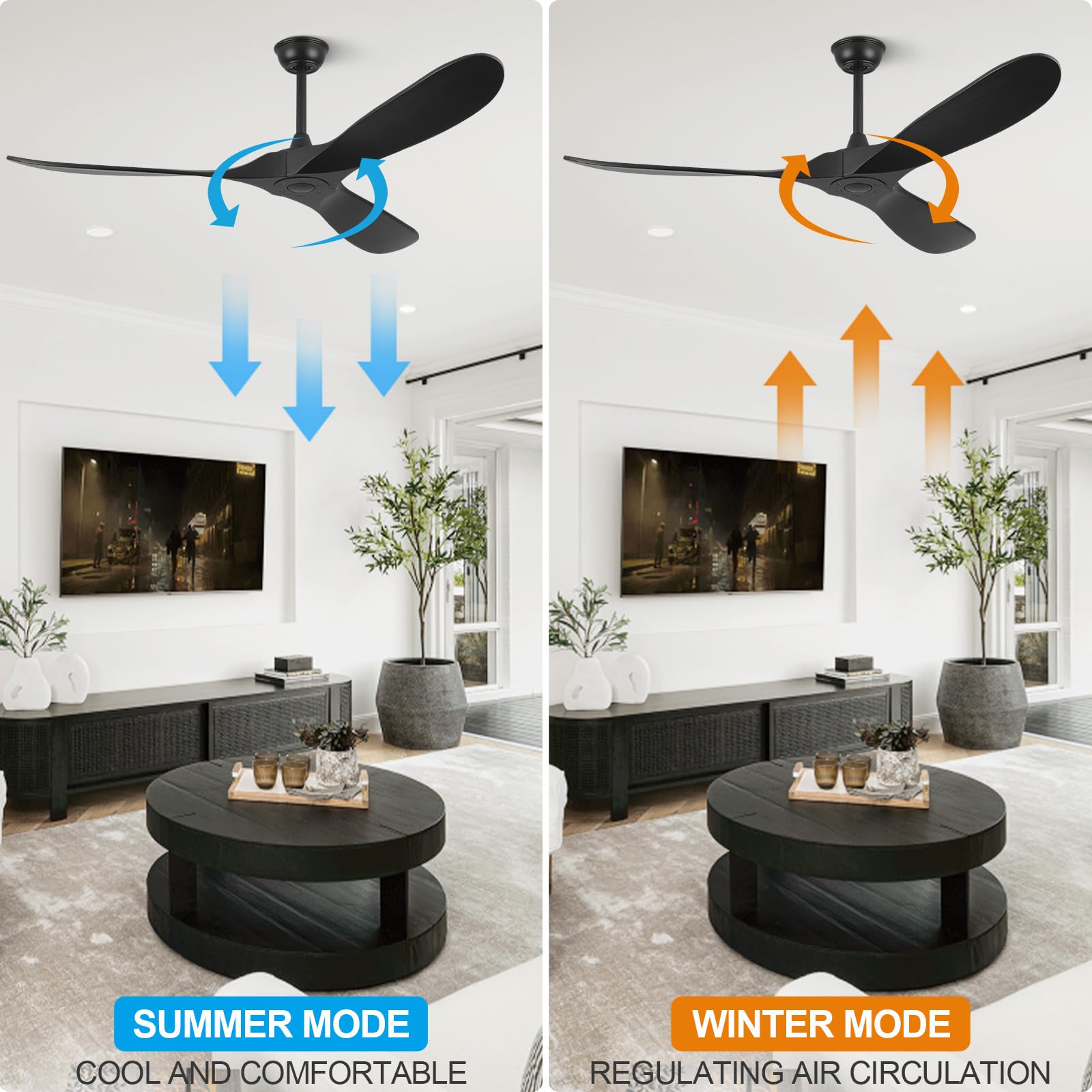 ABZ Ceiling Fans without Lights - 52 Inch Modern Ceiling Fans no Lights with Remote Control, Black 3 Blade Solid Wood Indoor Outdoor Ceiling Fans for Patios Living Room Bedroom