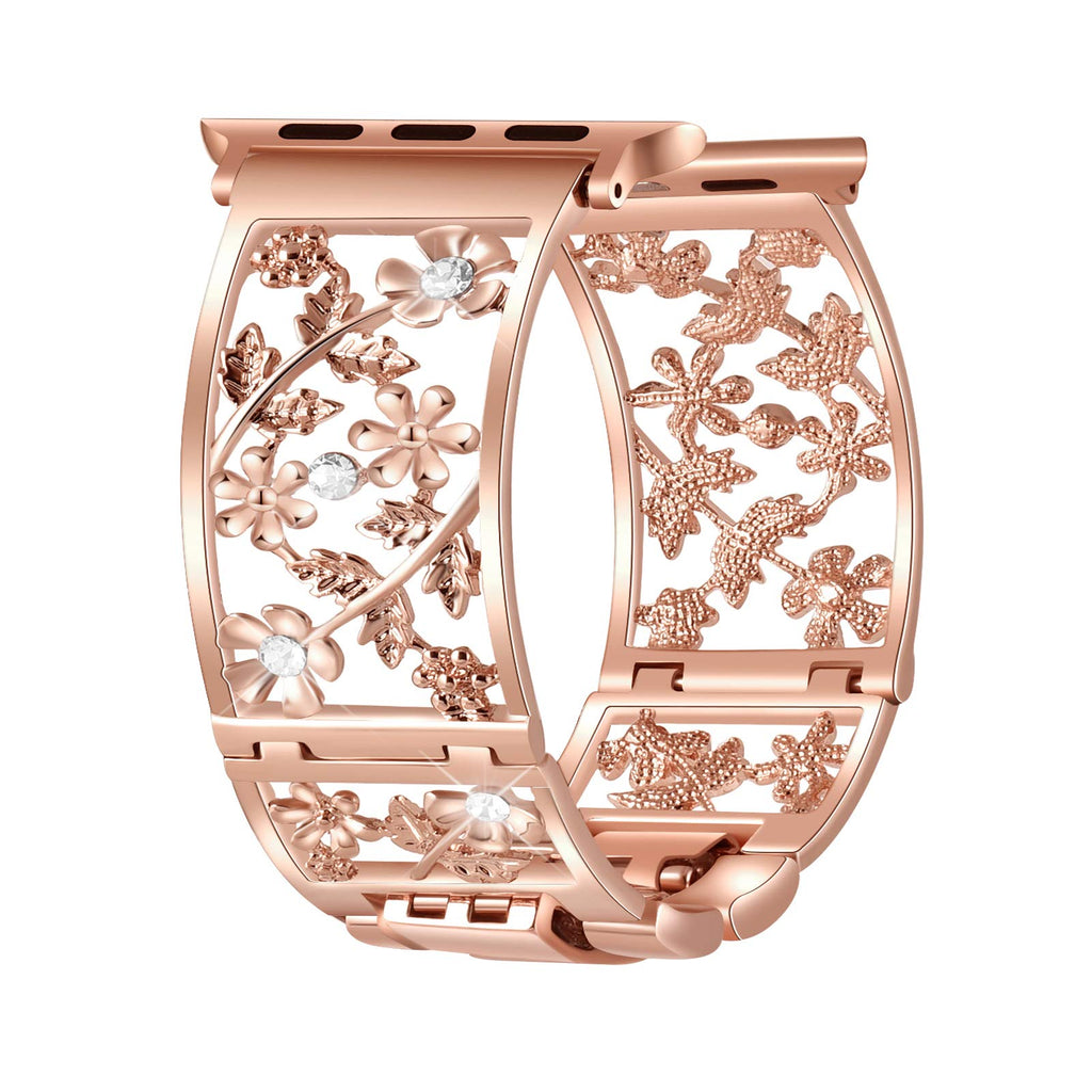 Floral Band Compatible with Apple Watch Jewelry Band 38mm 40mm 41mm 42mm iWatch Bands Series 11 10 9 8 7 6,Bling Crystal Bracelet Hollow Metal Strap,Fashion Women Wristband(38/40/41/42mm,Black)