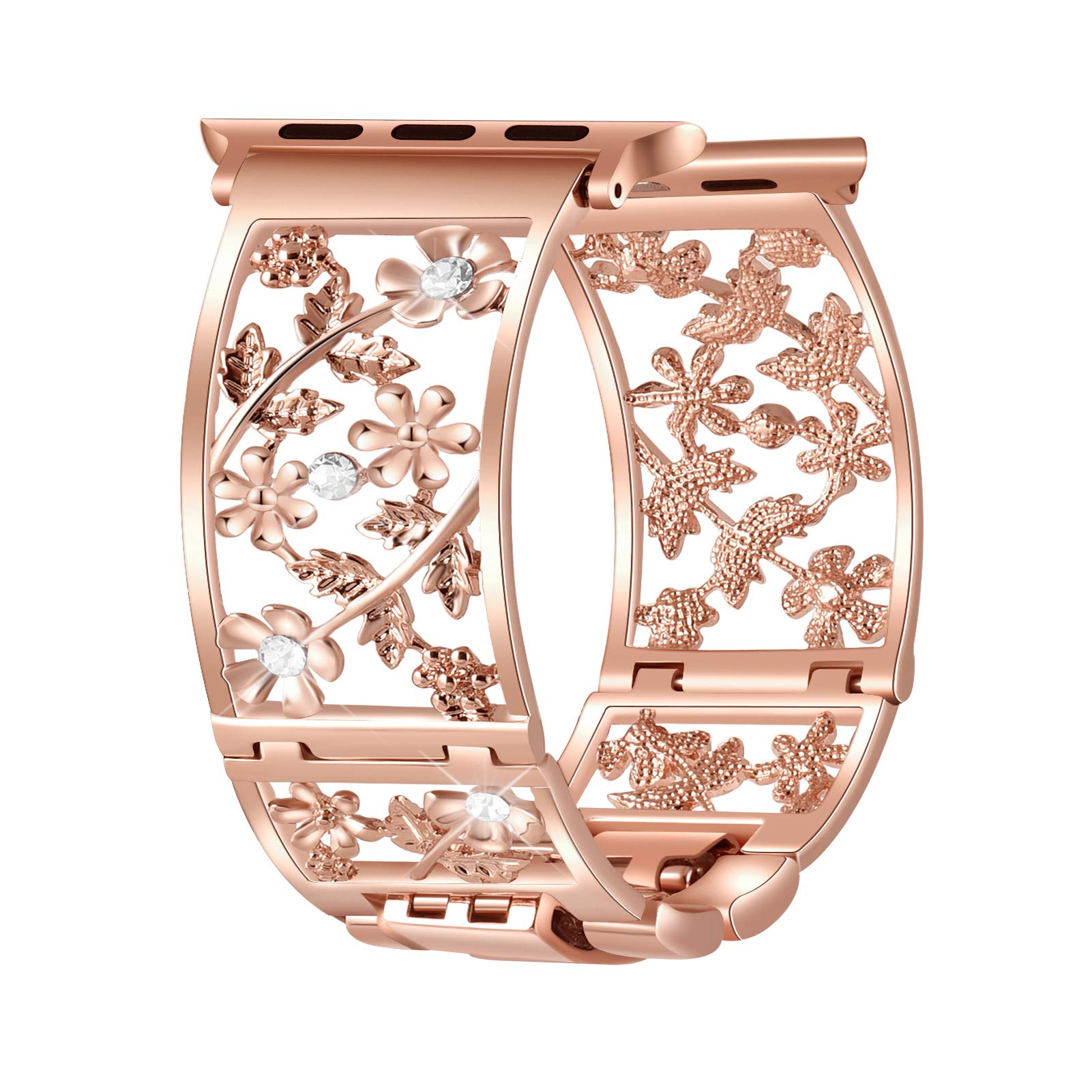 Floral Band Compatible with Apple Watch Jewelry Band 38mm 40mm 41mm 42mm iWatch Bands Series 11 10 9 8 7 6,Bling Crystal Bracelet Hollow Metal Strap,Fashion Women Wristband(38/40/41/42mm,Black)