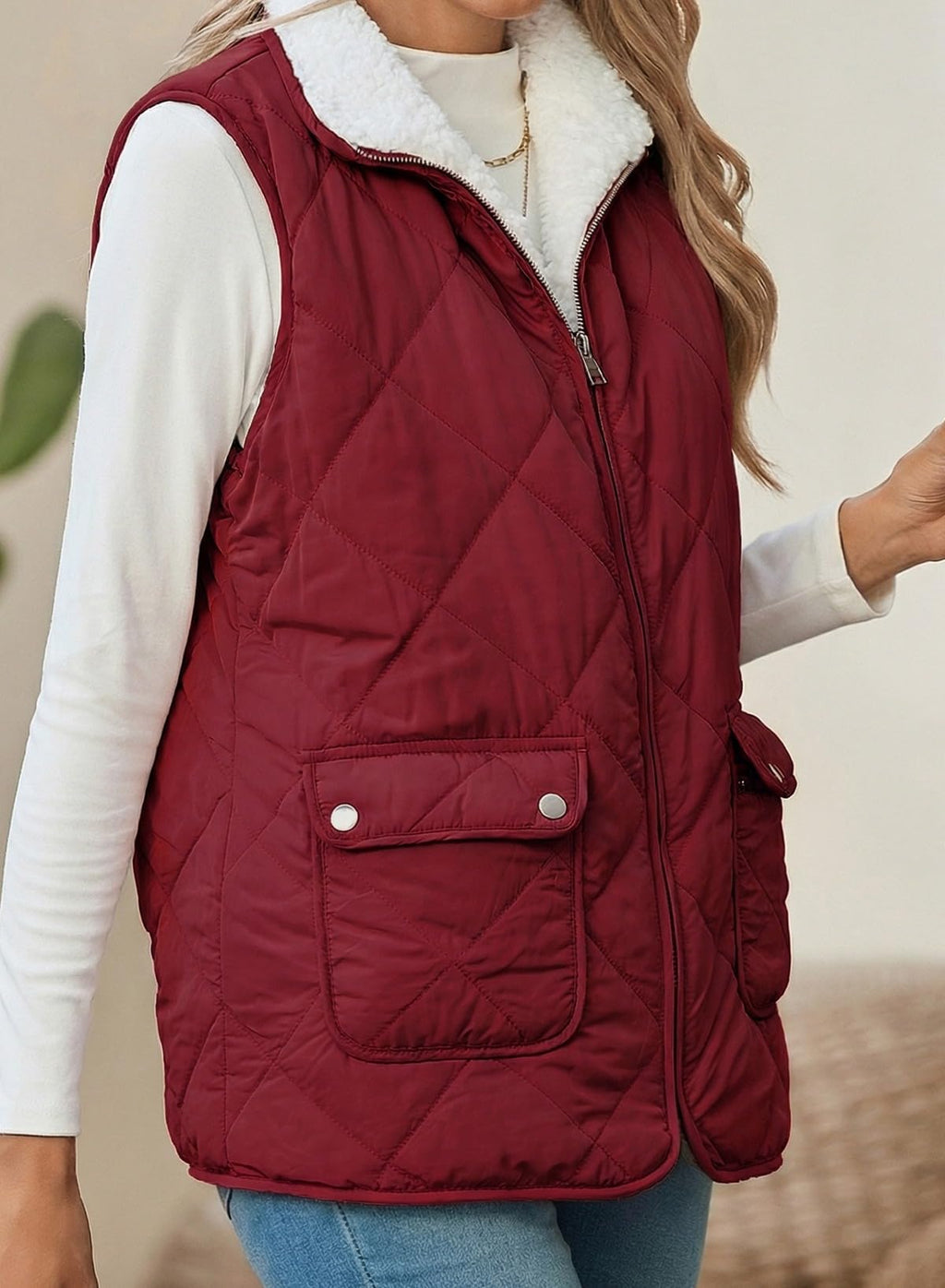 SHEWIN Women Puffer Vest Casual Stand Collar Sleeveless Puffer Jacket Warm Winter Reversible Zip Up Outerwear with Pockets