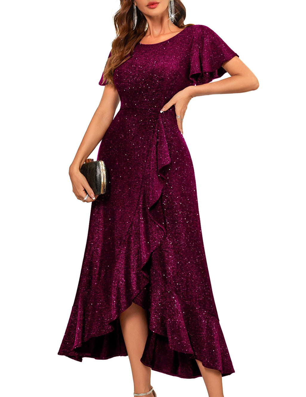 BeryLove Women Sequin Formal Party Dress Flutter Short Sleeve Wedding Cocktail Long Evening Dress