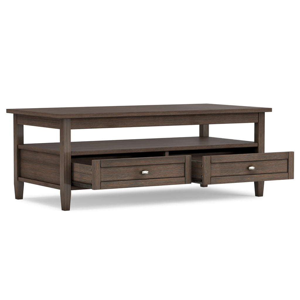 SIMPLIHOME Warm Shaker Coffee Table - 48 inch Wide Solid Wood Coffee Table in Black, Transitional Living Room Table with 2 Drawers, Open Shelf, Shaker Fronts and Tapered Legs
