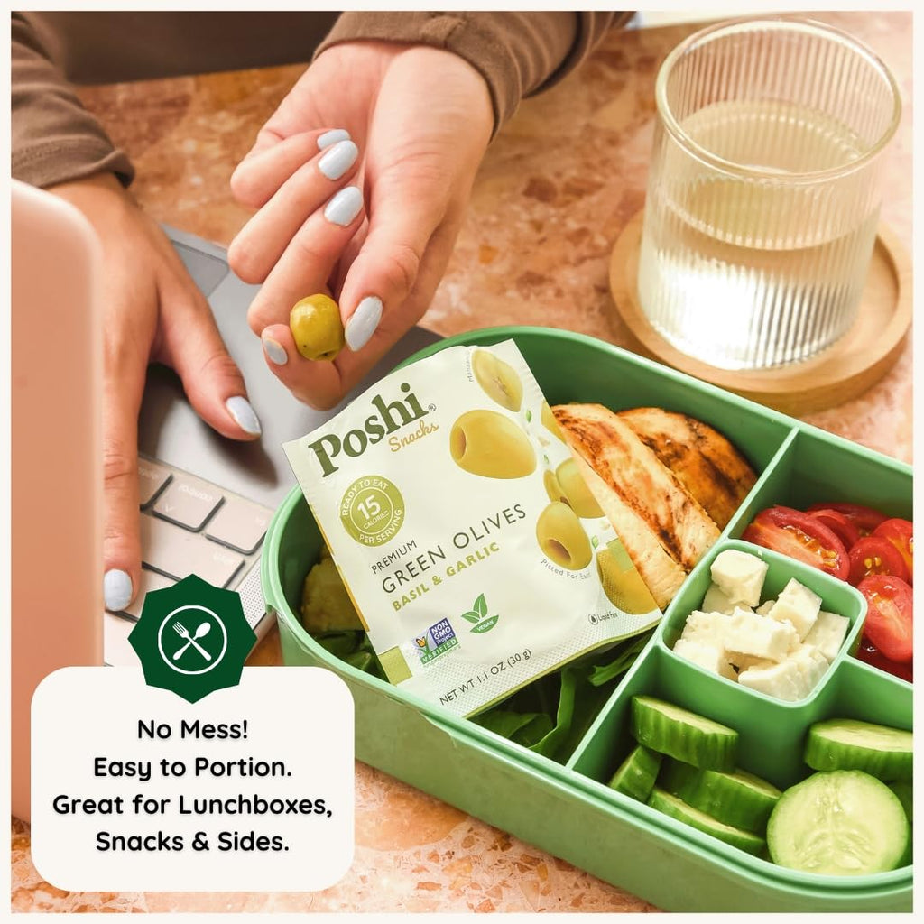 POSHI Green Pitted Olives - Basil & Garlic | Vegan, Kosher, Gluten Free + Keto Friendly, Fresh, Low Calorie Healthy Snacks | (30 Pack, 1.1oz Bags)