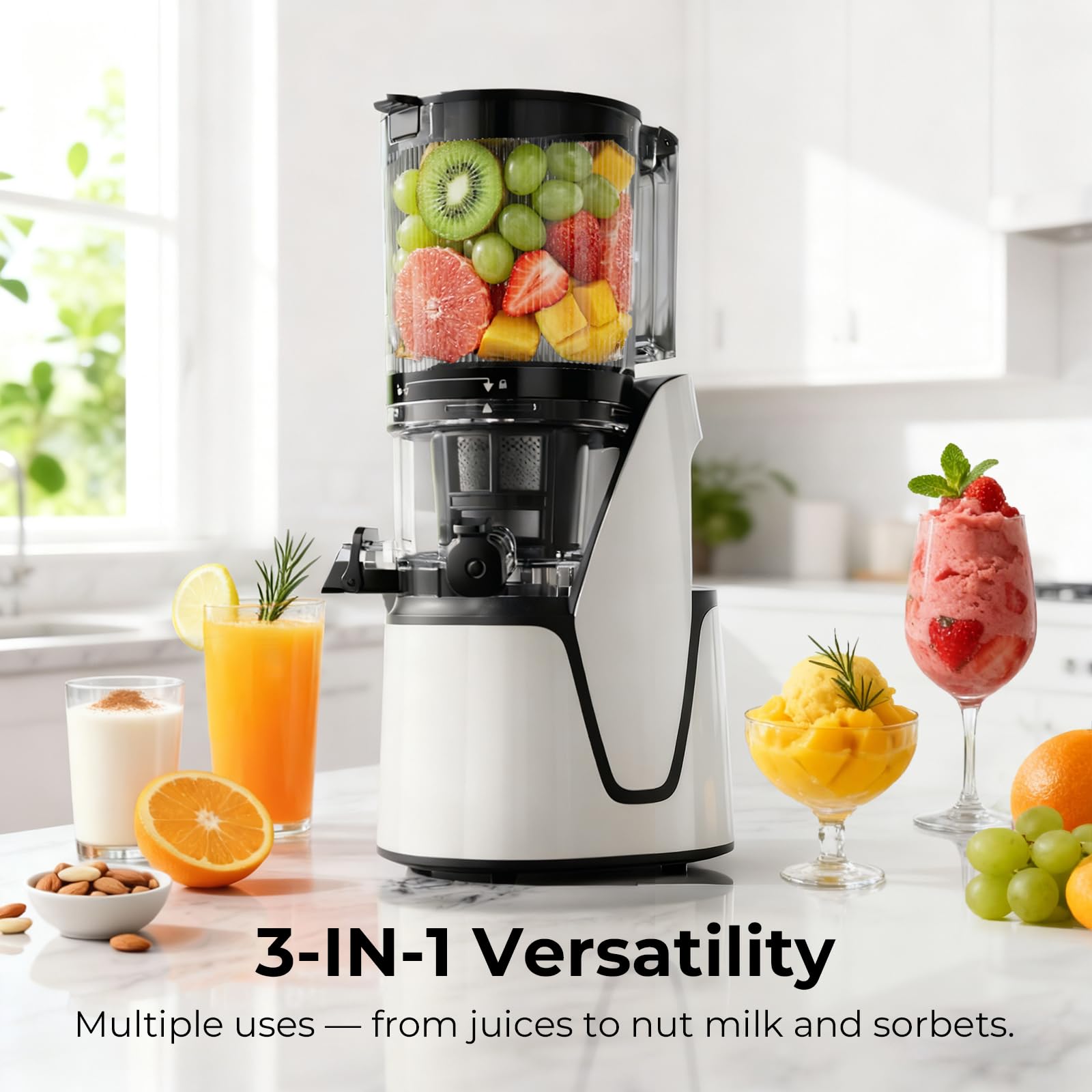 EanOruus Juicer Machines, 3-in-1 Cold Press Juicer with 6.5" Extra Large Chute, 100oz Large Capacity, AC Motor, Makes Juice, Nut Milk & Sorbet, Bright White