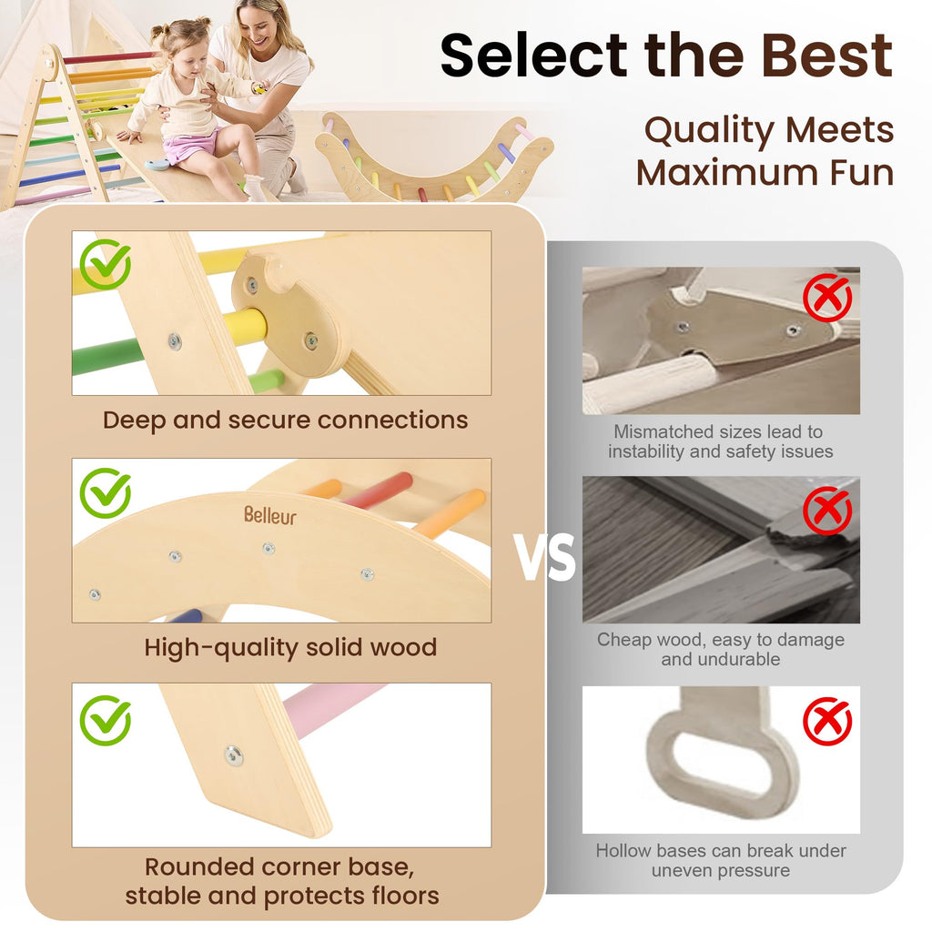 Belleur 7-in-1 Climbing Toys for Toddlers 1-3 Years Old, Foldable Wooden Pikler Triangle Set Indoor, Montessori Climbing Set with Arch, Ramp & Ladder - Natural