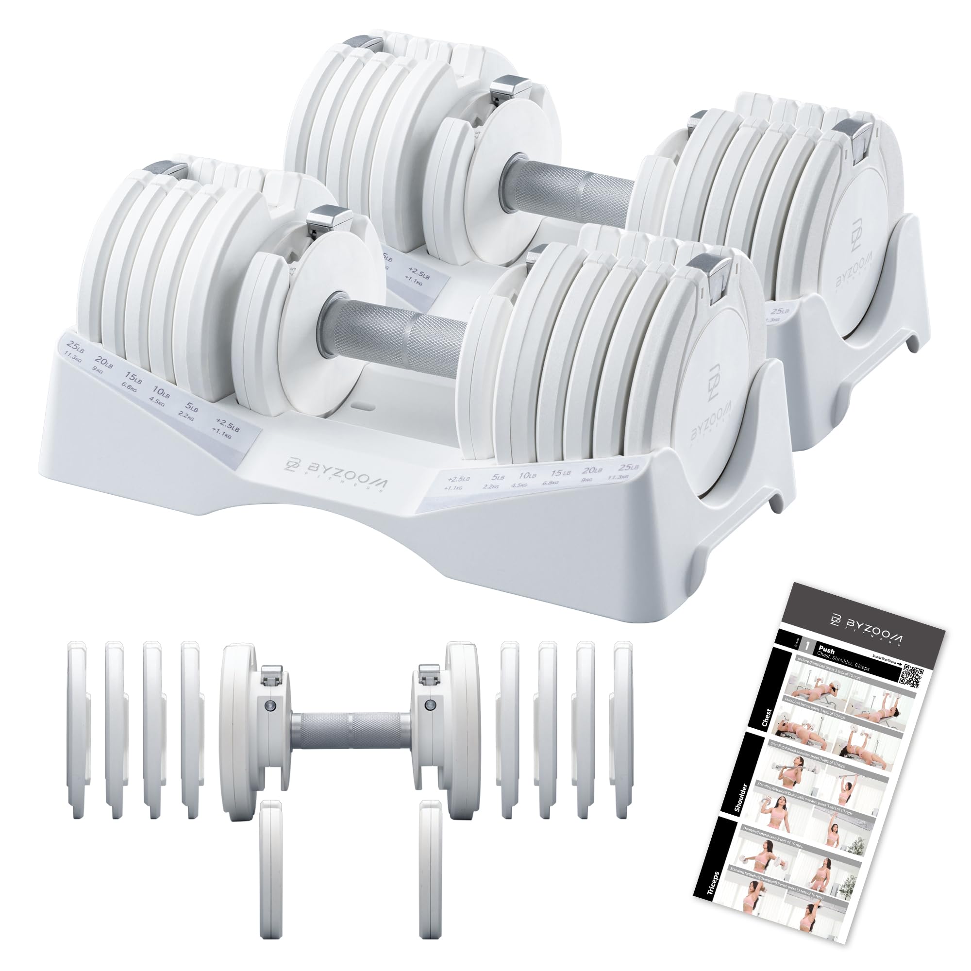 BYZOOM FITNESS Pure Series Adjustable Dumbbell - 12.5/25/27.5/50/55/75lb - ONE UNIT OR PAIR(check QTY before purchase) - 5-in-1/ 10-in-1 / 15-in-1 / 21-in-1 Flexible Hand Weights for Home Apartment Garage Gym, Strength Training & Fitness Workouts, White O