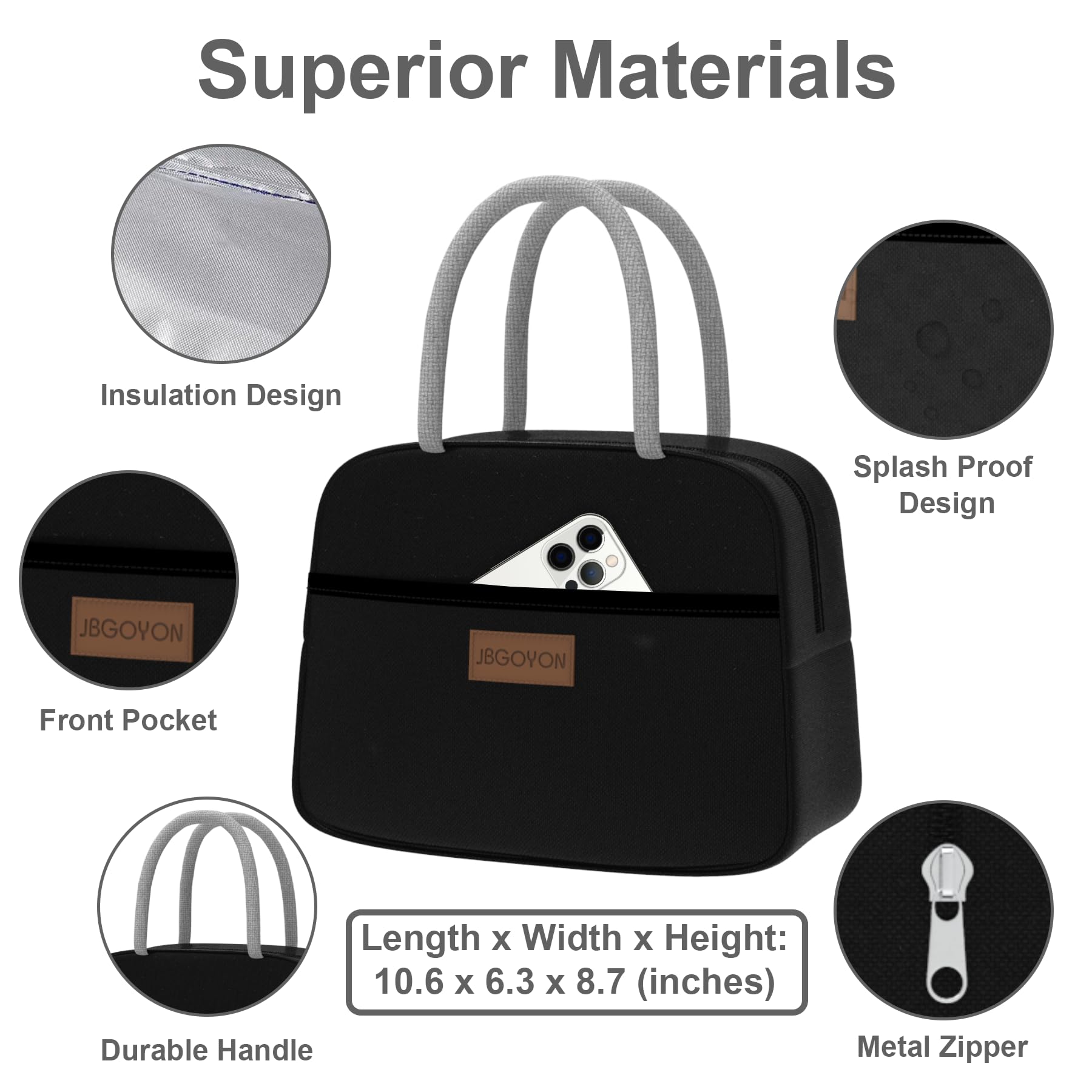 JBGOYON® Bento Lunch Box Set - 3 Stackable Containers for Adults and Kids- Includes Lunch Bag, Leak-Proof and BPA-Free - Built-in Utensil Set and Snack Bag - Dishwasher Safe(Grey Black)
