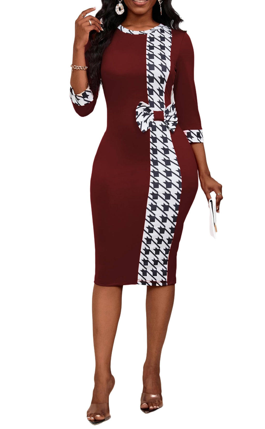 PerZeal Women's 3/4 Sleeve Round Neck Casual Houndstooth Bodycon Wear to Work Pencil Sheath Midi Dresses
