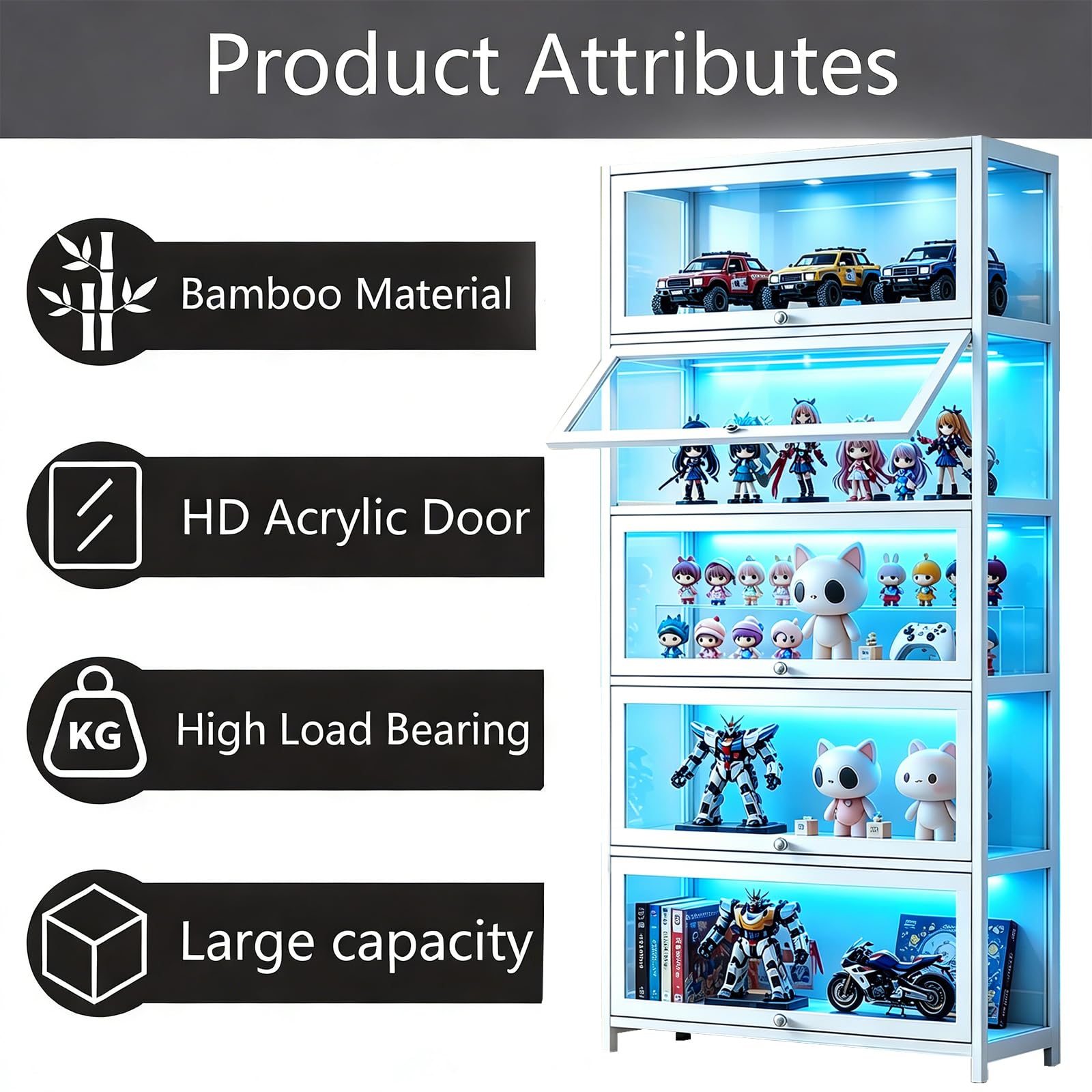 Display Cabinet with Acrylic Glass Door, 5 Tier Curio Display Case, Collectibles Toy Organizers Rack & Display Shelf, Kids Bookcase for Bedroom, Reading Nook, living Room, Bamboo (Black -flip Door)
