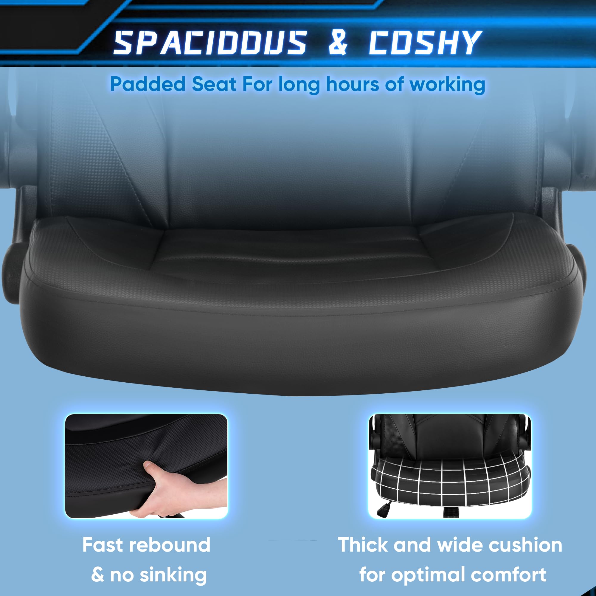 OLIXIS Computer Gaming Desk Chair - Ergonomic Video Game with Comfy Lumbar Support and headrest, PU Leather with Flip-up Arms, Adjustable Height and Swivel Wheels, for Adults, Black