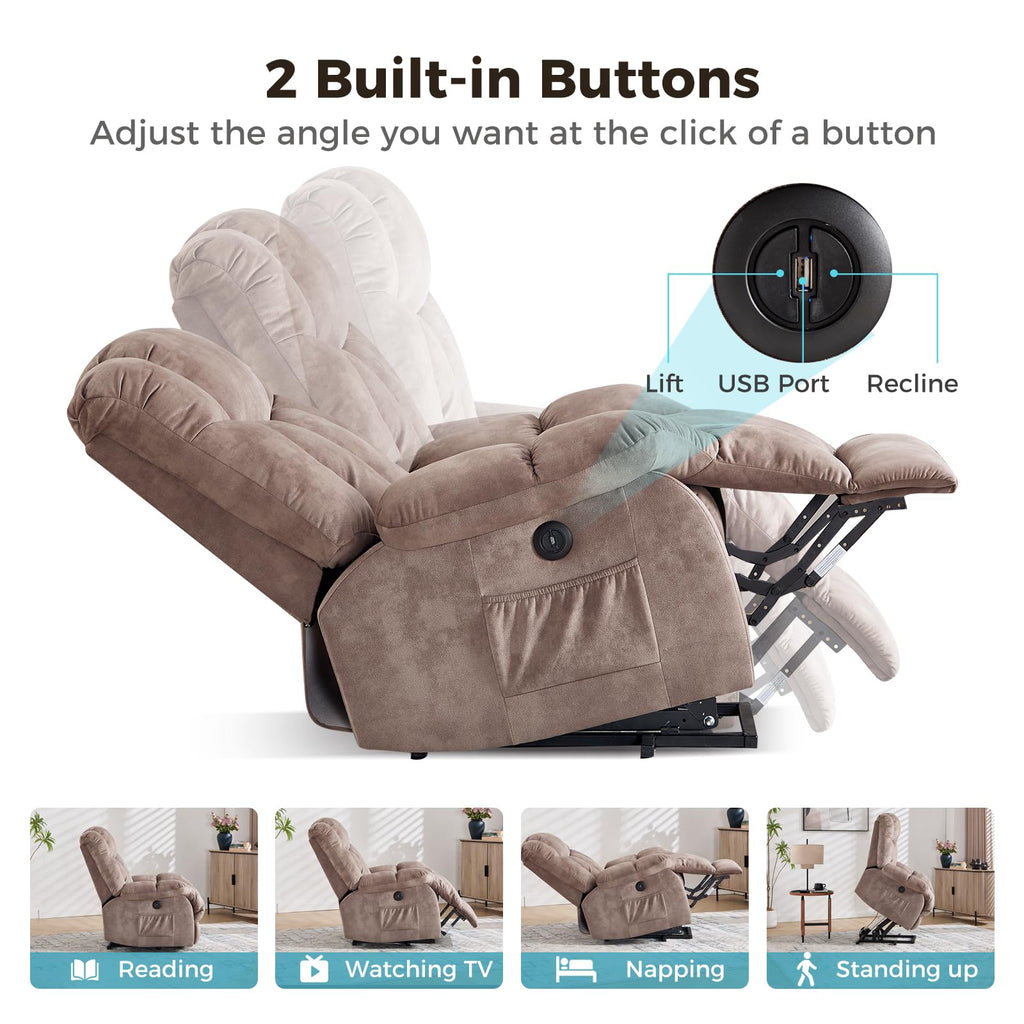 CANMOV Dual Motor Power Lift Recliner Chair for Elderly, 27" Extra-Wide Seat 450 lbs Weight Capacity Infinite Position Adjustment, with Heated Massage, Cup Holders and USB Port, Camel Fabric