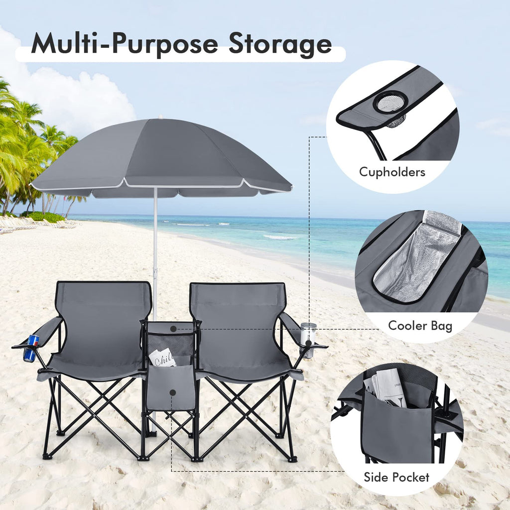 COSTWAY Double Portable Picnic Chairs, Folding Camping Chairs w/Detachable Umbrella, Cooler Bag, Cup Holders, Patio Beach Camping Chairs for Outdoors