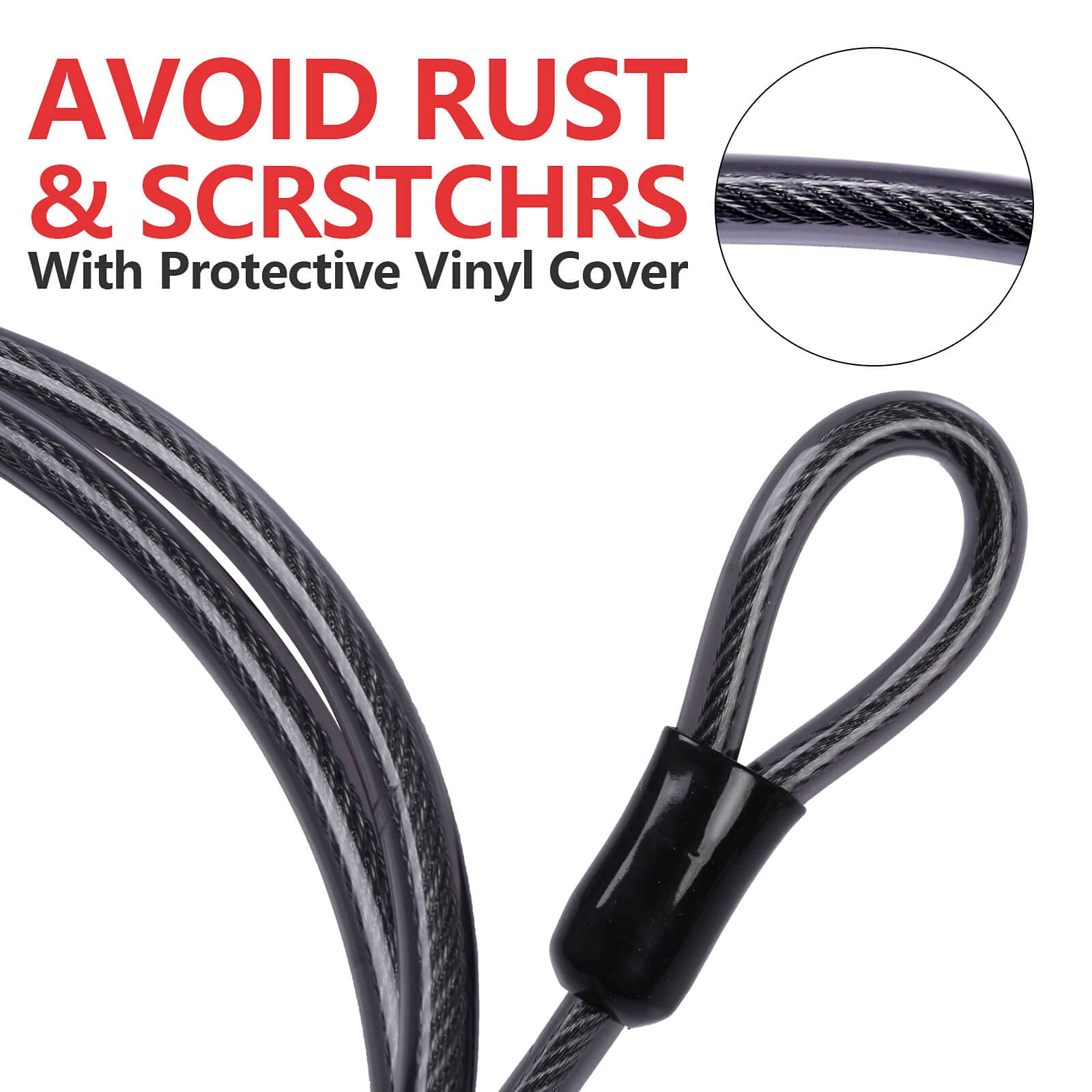 DELSWIN Security Steel Cable with Loops - 12mm (1/2 inch) Thick 4FT Heavy Duty Bike Lock Cable Vinyl Coated Braided Cables for U-Lock and Padlock