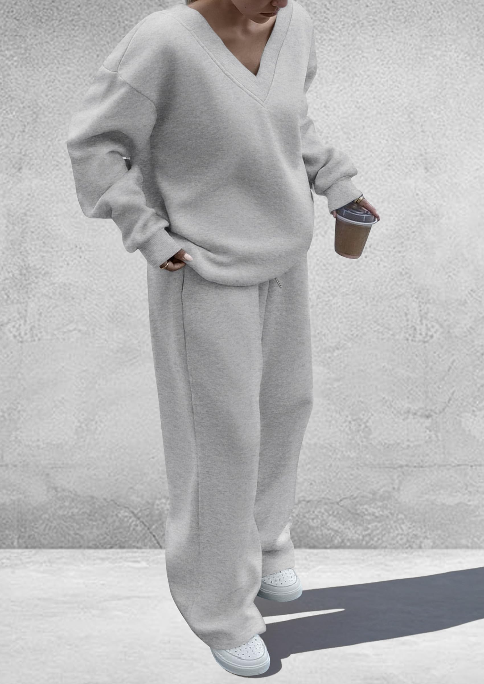 PRETTYGARDEN Casual Winter Two Piece Sets for Women 2026 V Neck Sweatshirt Loose Wide Leg Pants Tracksuit Knit Fall Outfits