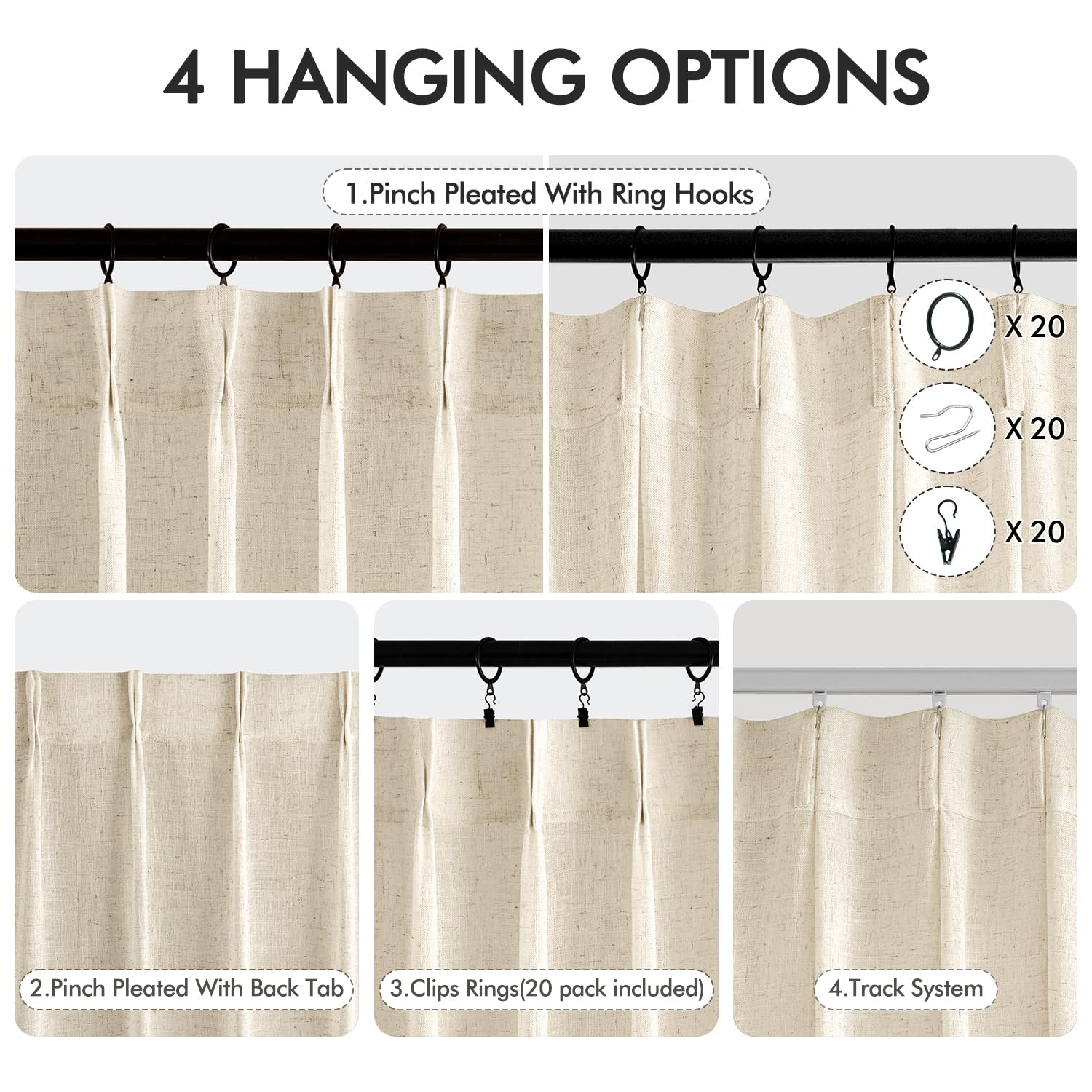 MIULEE Pinch Pleated Linen Curtains 84 Inches Long 2 Panels for Bedroom Living Room, Soft Thick Linen Textured Window Drapes Back Tab Hooks Semi Sheer Light Filtering Farmhouse，Beige