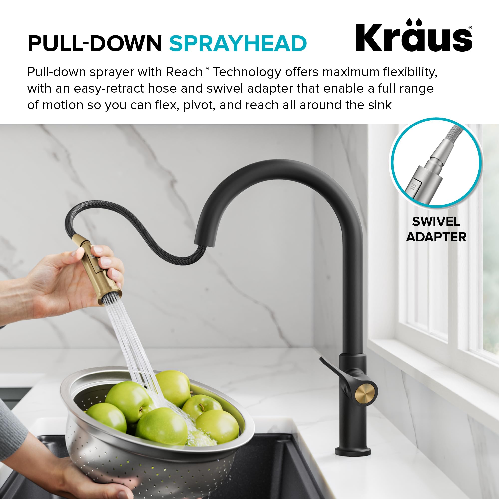KRAUS Torak Pull Down Kitchen Faucet in Matte Black with Commercial Style Spring Spout, 2 Function Sprayer, Pre-Attached Water Lines, and Mounting Hardware, KPF-2635MB
