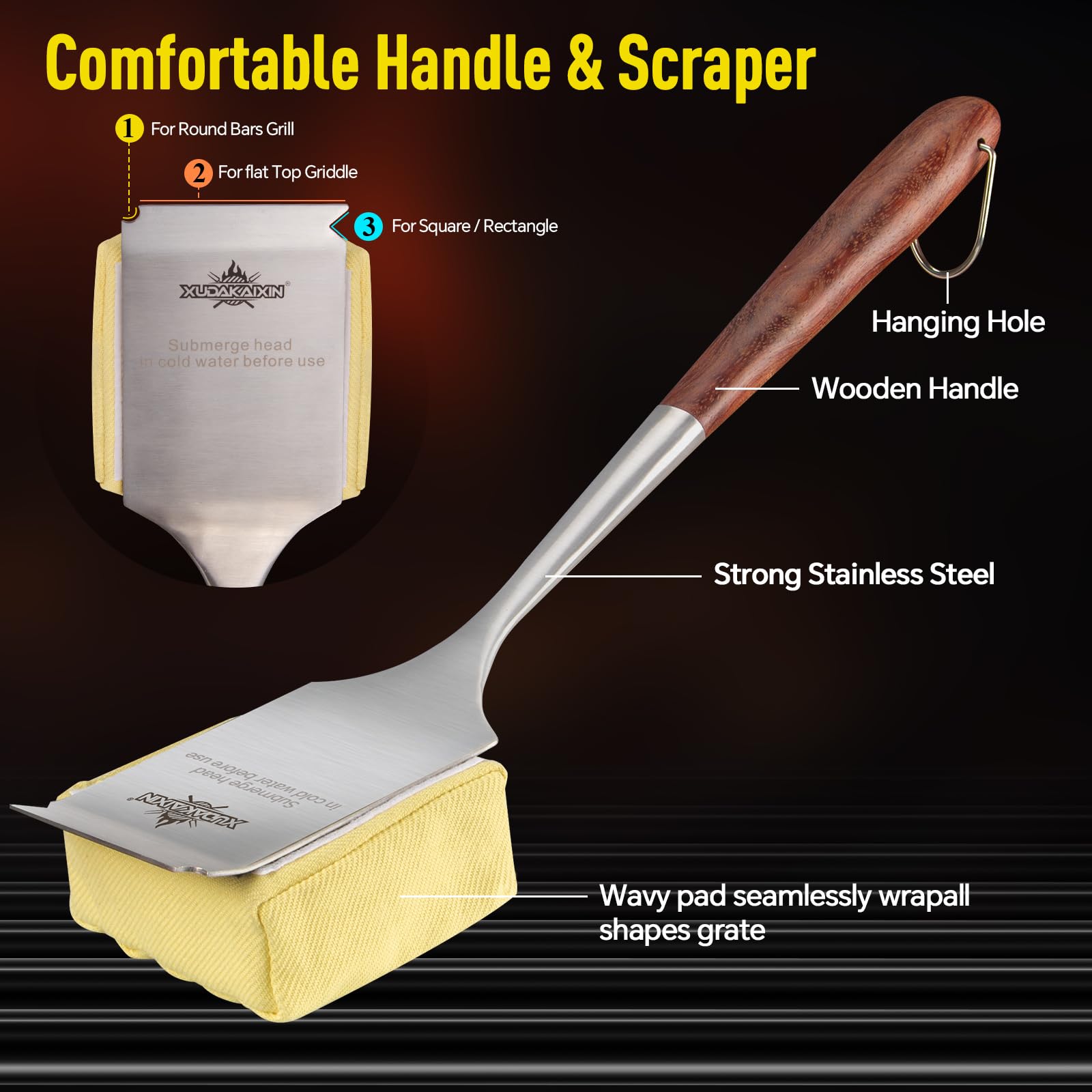 Bristle-Free Steam Cleaning Grill Brush — Features an Extended Luxurious Rosewood Handle and a Unique Wavy pad that Seamlessly fits cast Iron and Stainless Steel grates