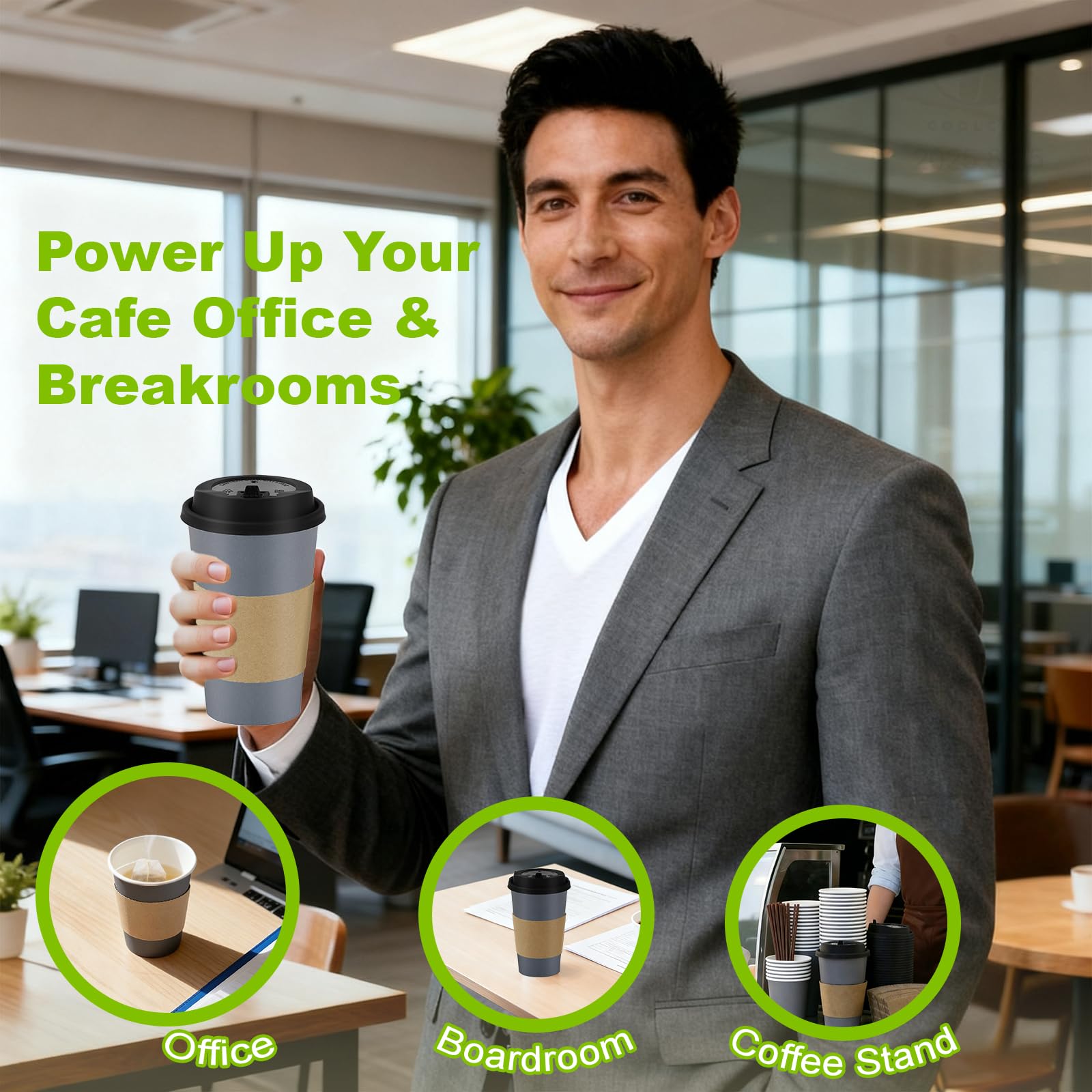 16 oz 100 Pack Corrugated Ripple Wall Disposable Coffee Cups with Lids and Straws, Heavy Duty Insulated Cups for Hot Beverage or Cold Drinks, Bulk for Restaurants, Offices, Coffee Shops(Black)