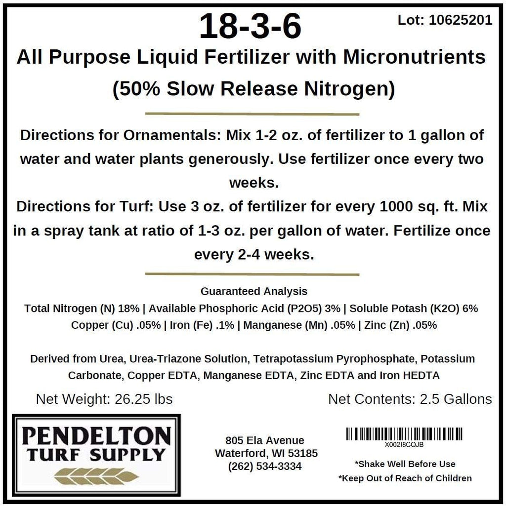 18-3-6 Liquid Fertilizer (50% SRN & Micronutrients) (2.5 Gallons)