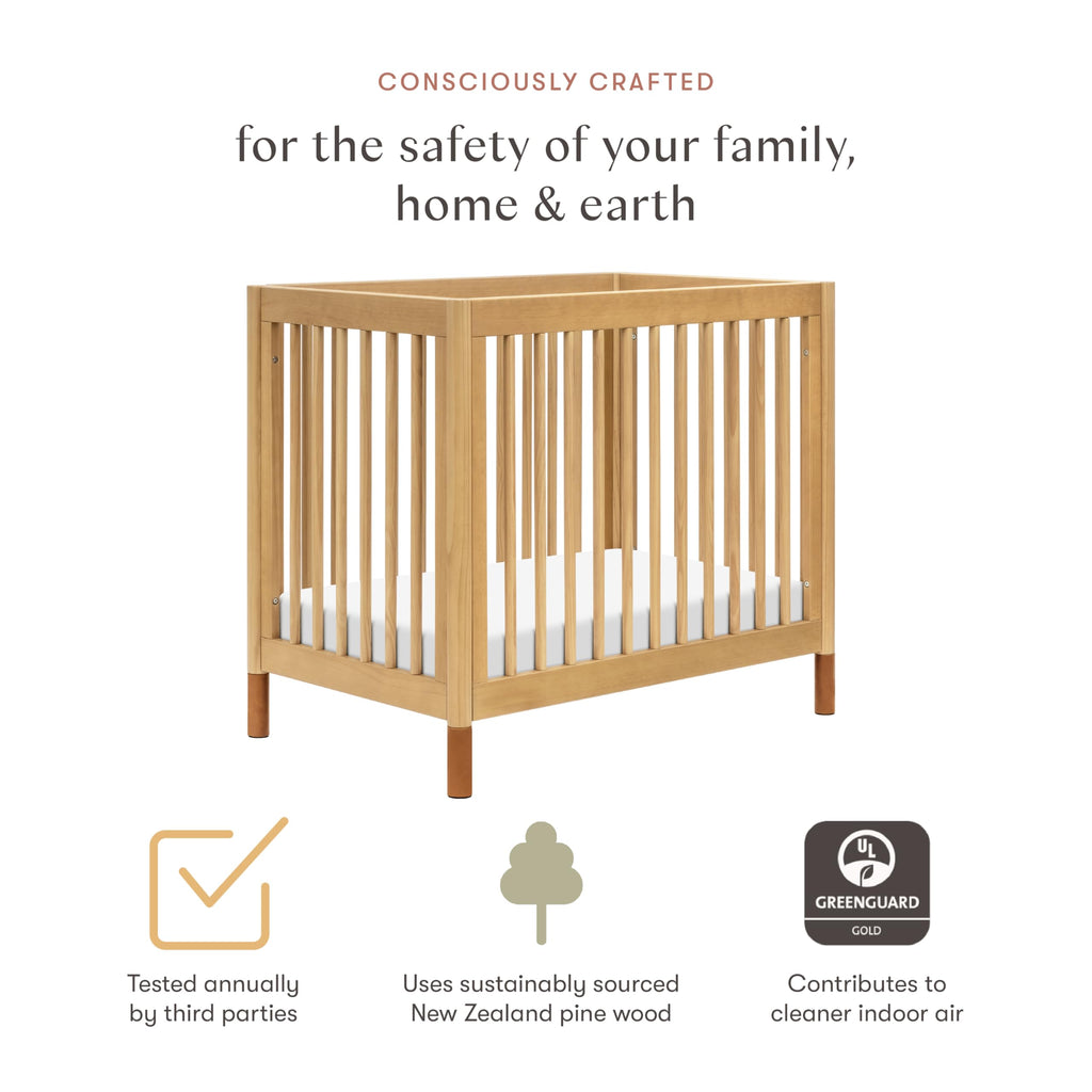 Babyletto Gelato 4-in-1 Convertible Mini Crib with Toddler Bed Conversion in Honey with Vegan Tan Leather Feet, Greenguard Gold Certified