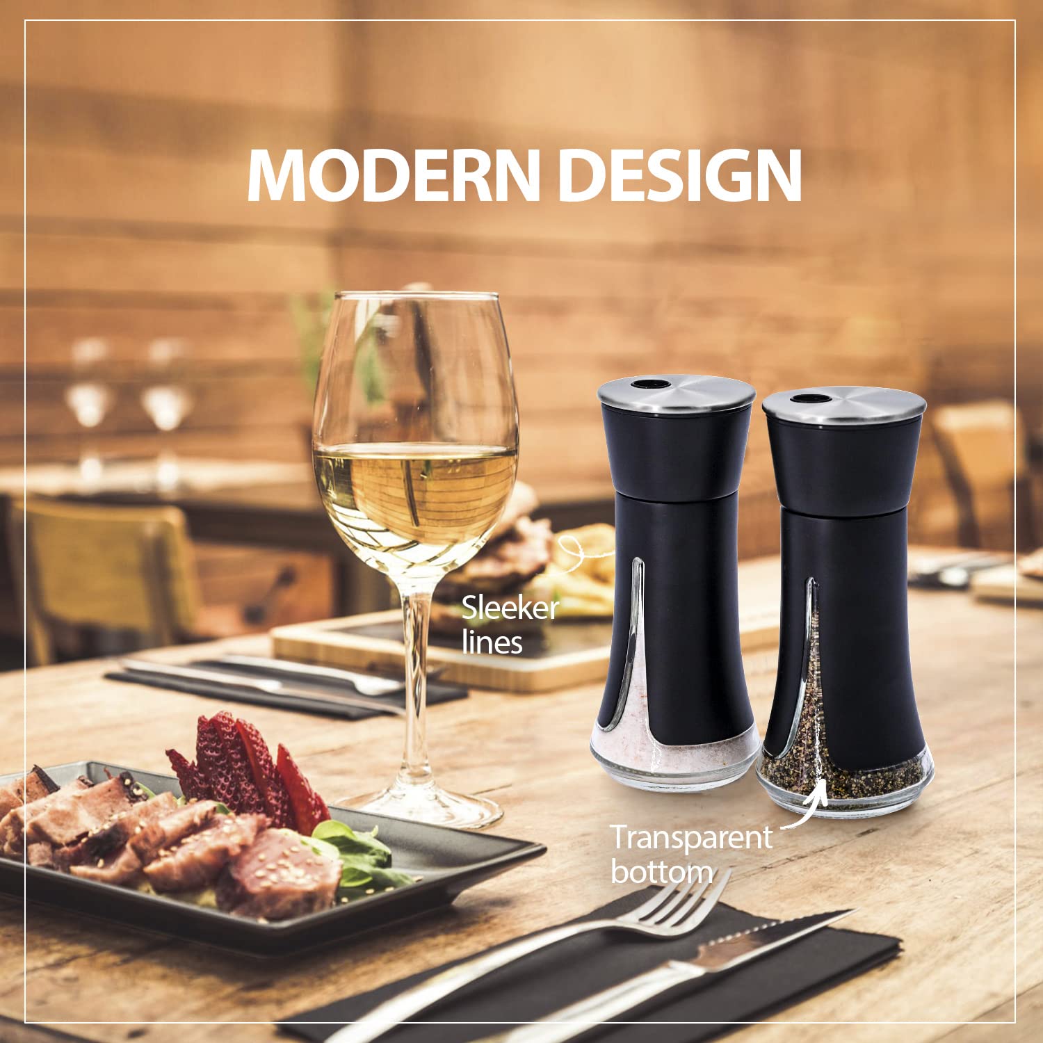 Black Salt and Pepper Shakers by Aelga, Salt Shaker with Adjustable Pour Holes, Black Kitchen Accessories, Decor for Kitchen,Restaurants,Camp,BBQ