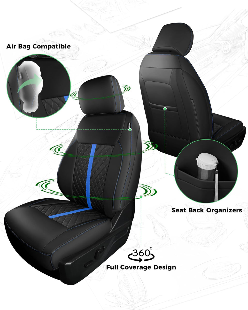 for Ford F150 Leather Seat Covers, Super Crew Cab XL XLT 2015-2020, F250 F350 F450 Super Duty Crew Cab 2017-2022,Custom Truck Seat Cover Full Set, Pickup Accessories, Black (Bucket Seat)