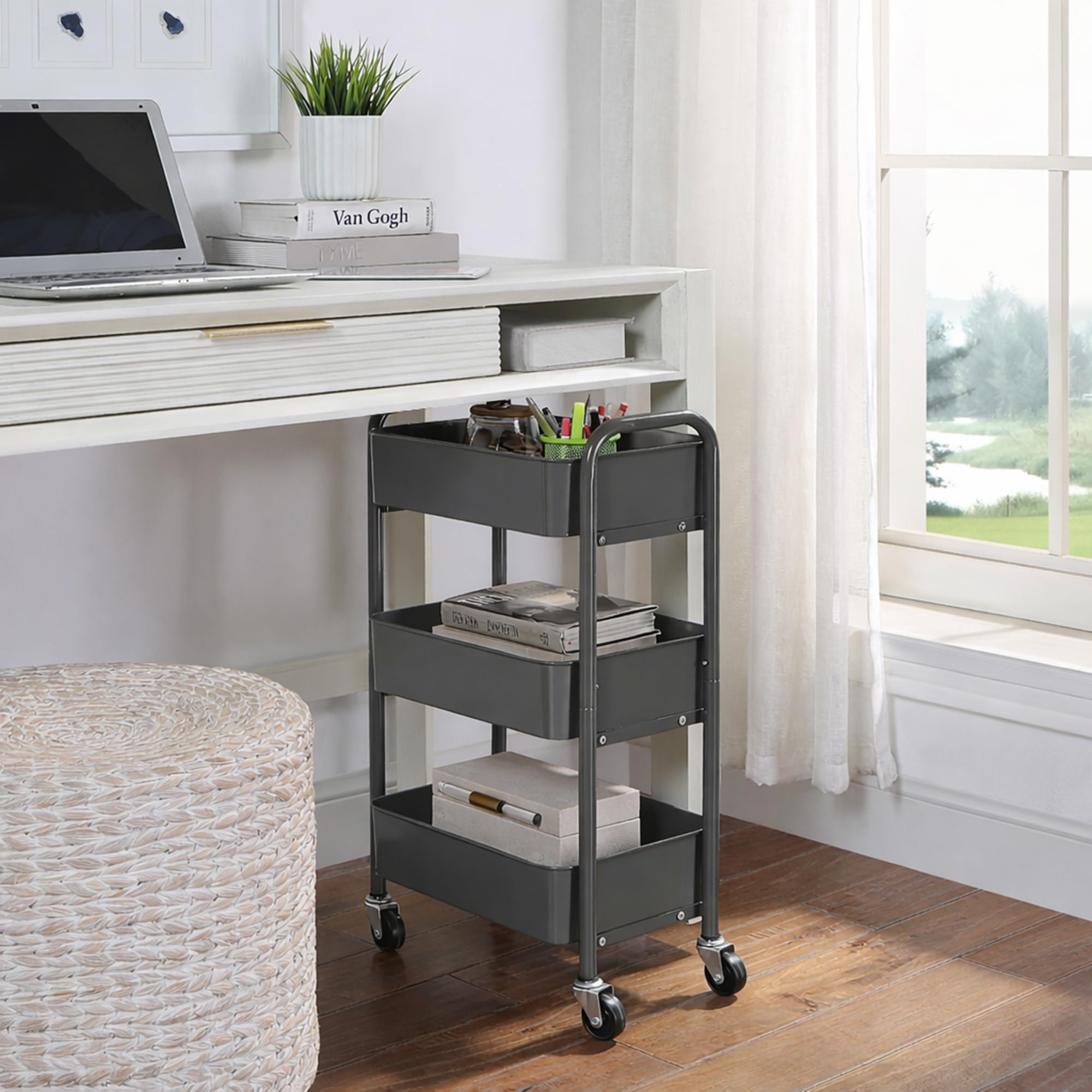 SunnyPoint 3-Tier Delicate Compact Rolling Metal Storage Organizer - Mobile Utility Cart Kitchen/Under Desk Cart with Caster Wheels - Army (15.35" X 10.24" X 26.8"H)