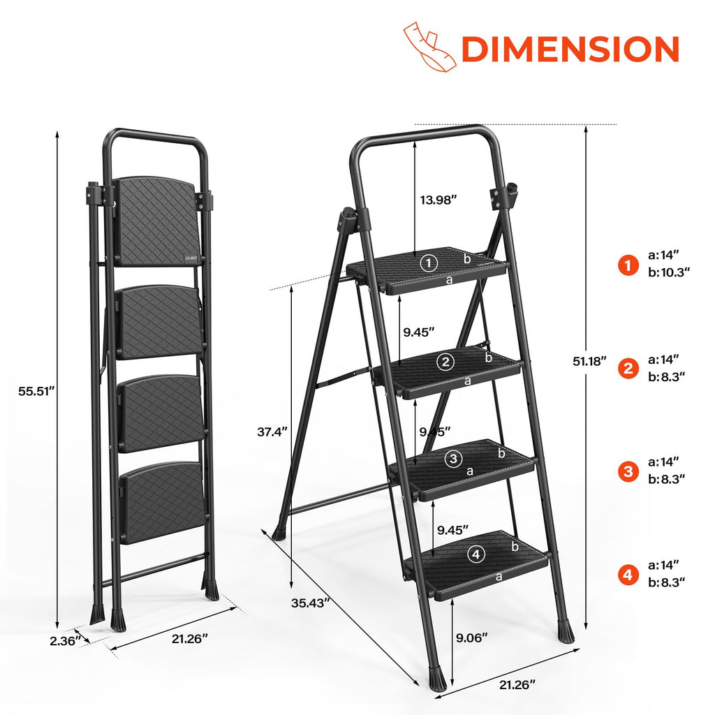 LUISLADDERS 3 Step Ladder with Handrails, Folding Step Stool with Widened Anti-Slip Pedal, 500lbs Lightweight Step Ladder 3 Step Folding, Multi-use for Home Kitchen Pantry Office, Black