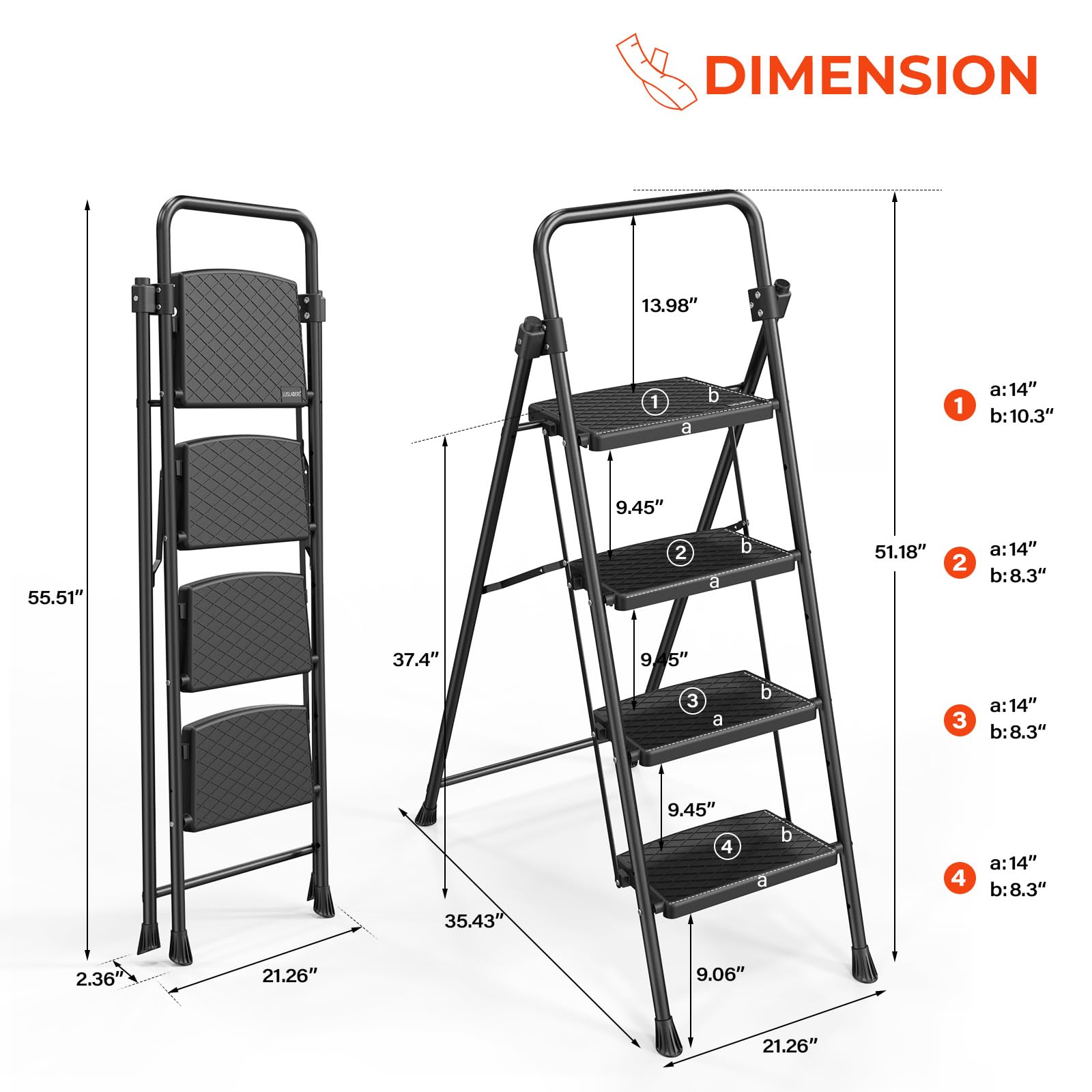 LUISLADDERS 3 Step Ladder with Handrails, Folding Step Stool with Widened Anti-Slip Pedal, 500lbs Lightweight Step Ladder 3 Step Folding, Multi-use for Home Kitchen Pantry Office, Black