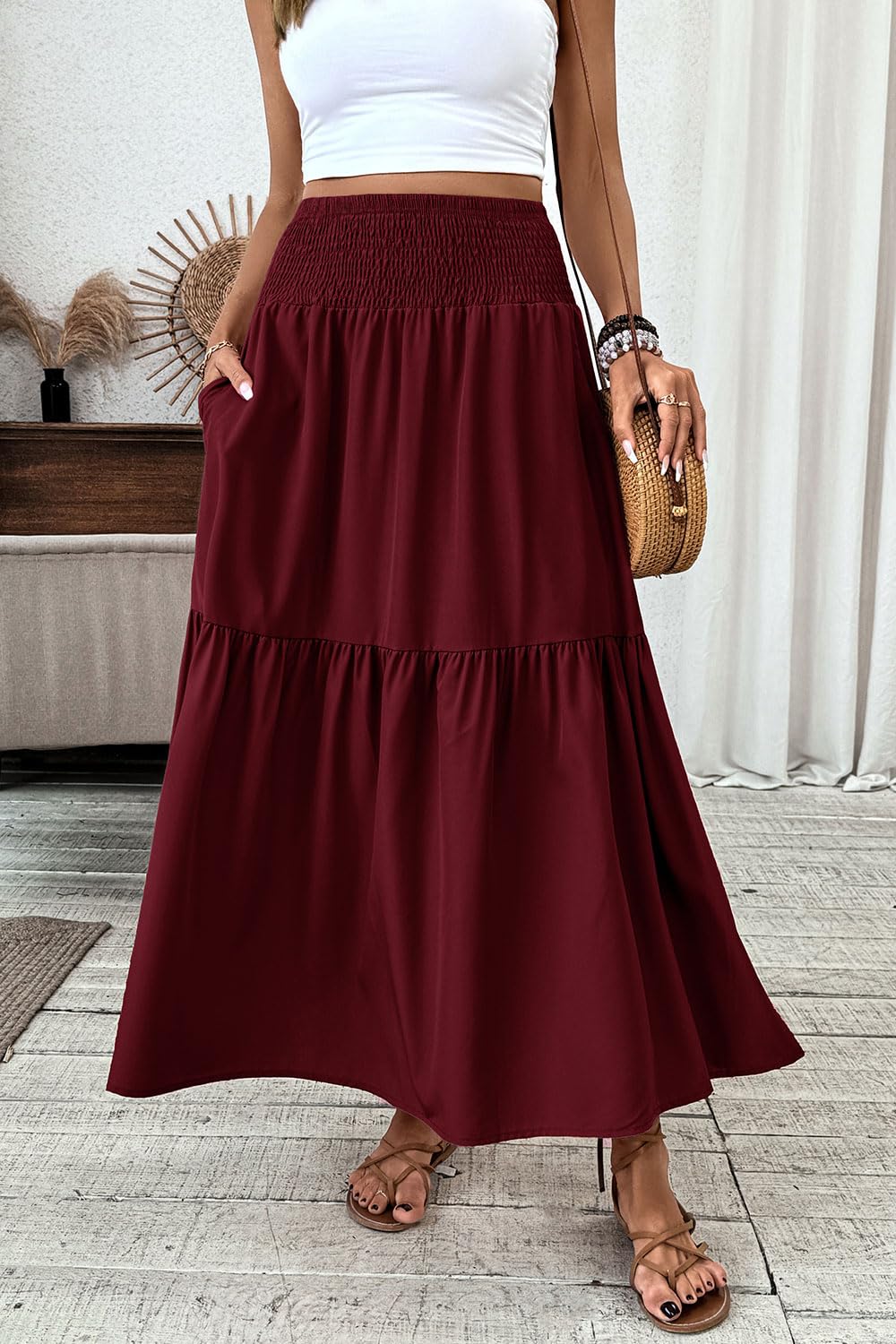 Women's Smocked High Waist Maxi Skirt Casual Boho Long Skirts with Pockets